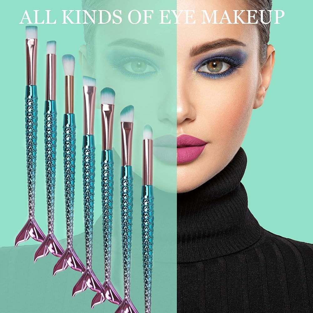 UCRAVO Mermaid Makeup Brush Set (10 PCS) Professional Makeup Brushes Kit with Fish Scale Handle, Soft Synthetic Bristles for Foundation, Blush, Eyeshadow, Contour & Highlight Cosmetic Brush Set for Women & Girls