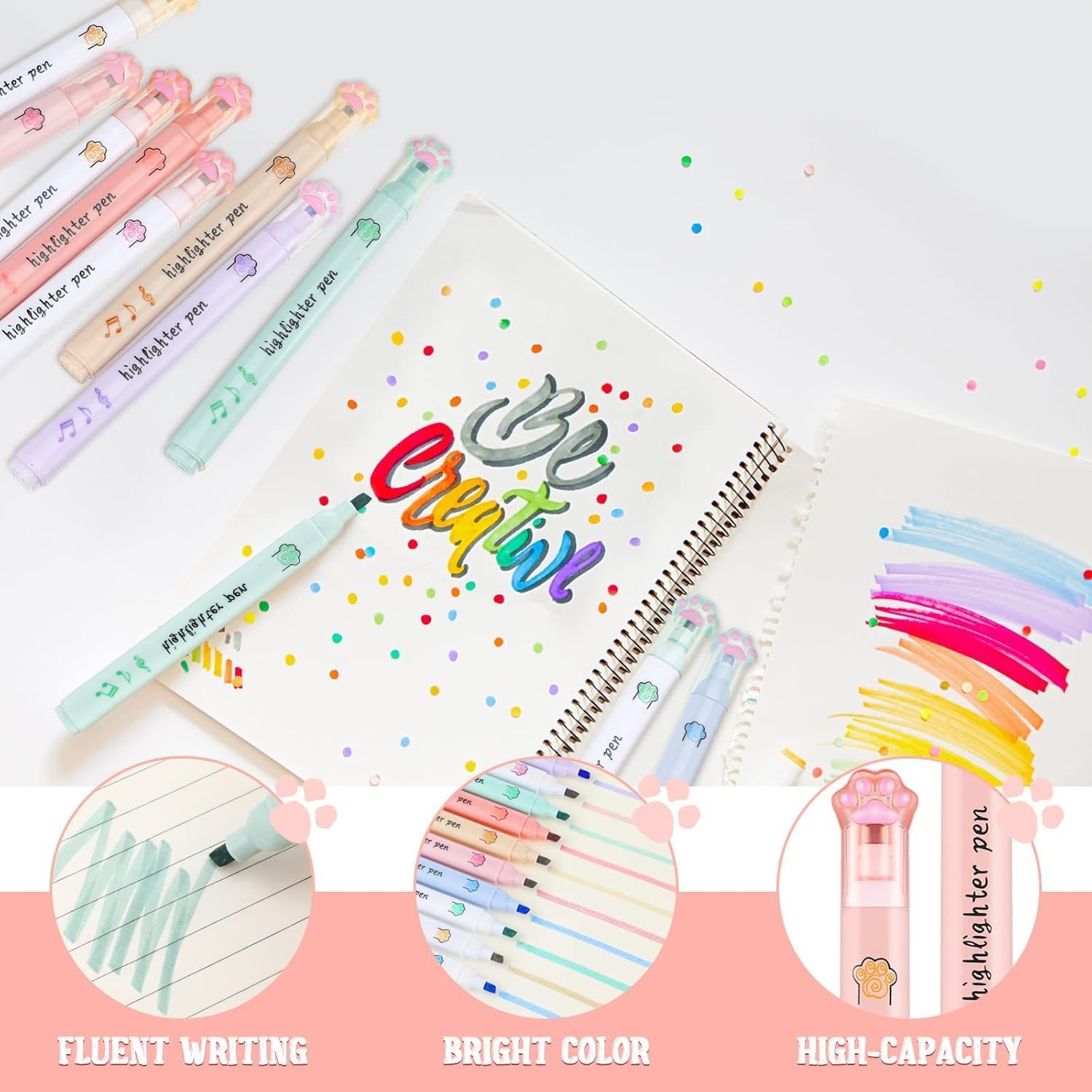 UCRAVO Cute Cat Paw Highlighter Set 6 PCS Single Tip Pastel Highlighter Pens Kawaii Aesthetic Stationery for Students Girls Kids Mild No Bleed Marker for School Supplies,Art Supplies Gift Set