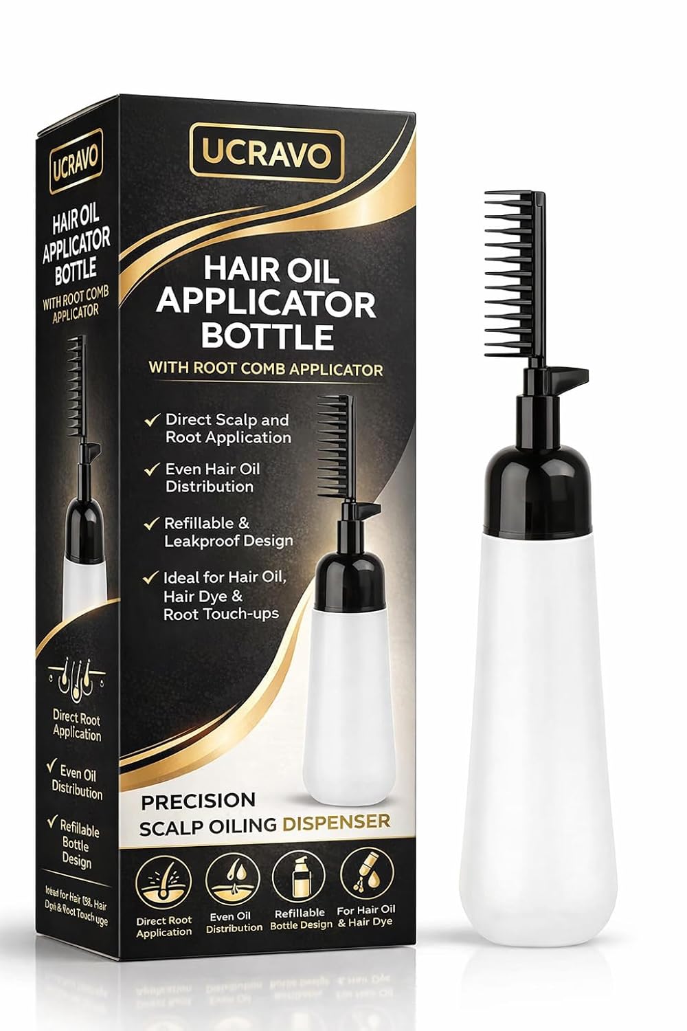 UCRAVO Empty Hair Oil Applicator Bottle with Root Comb – Refillable Scalp Oiling Dispenser Bottle for Hair Growth Oil, Hair Dye, Root Touch Up & Salon Hair Coloring Tool for Men & Women Multicolor