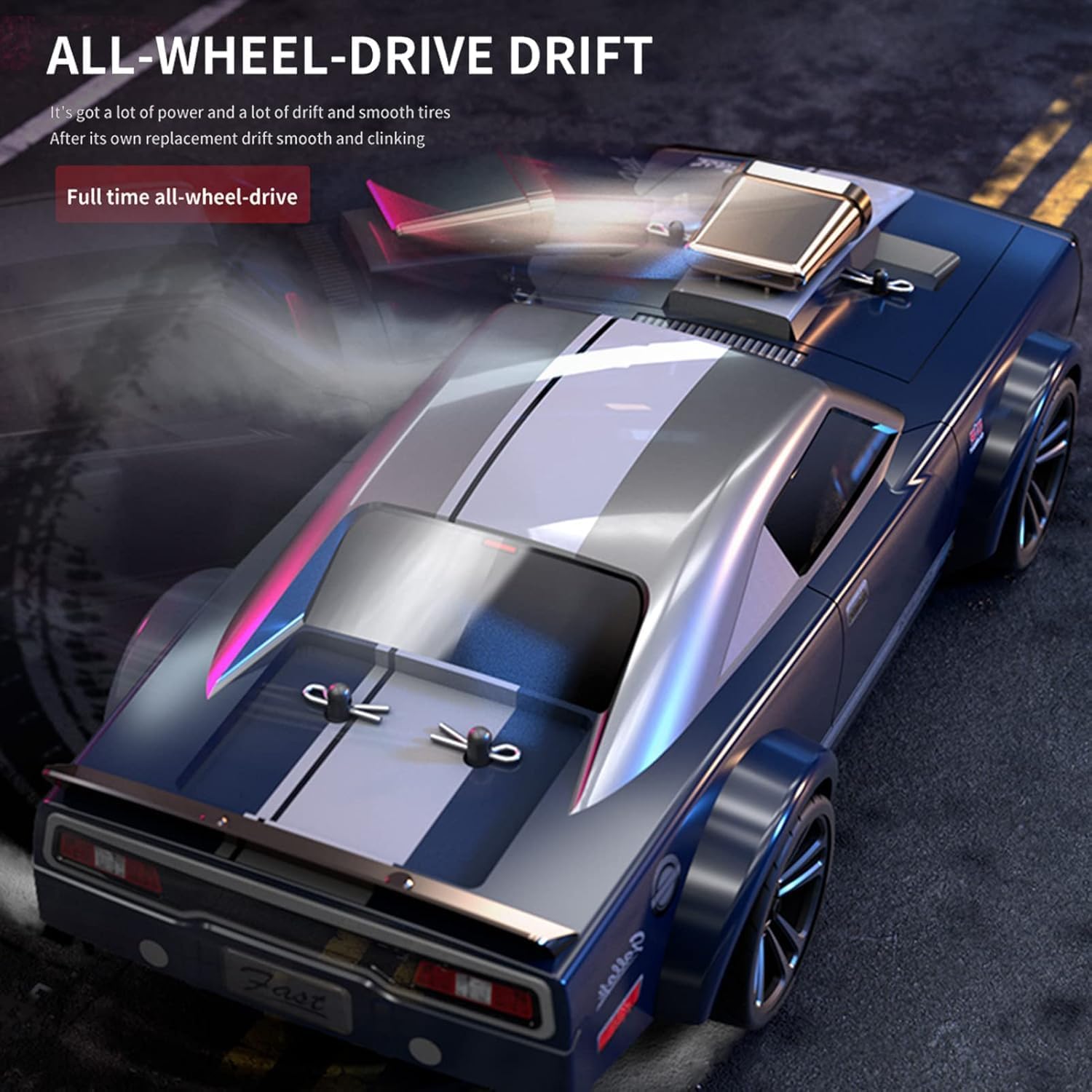 UCRAVO 1:16 Scale High Speed Drift Racing Remote Control Car 4WD 38KM/H | 2.4GHz Wireless RC Drift Car with LED Headlights | Rechargeable Battery, Extra Drift Tires & Tool Kit | Fast RC Racing Car