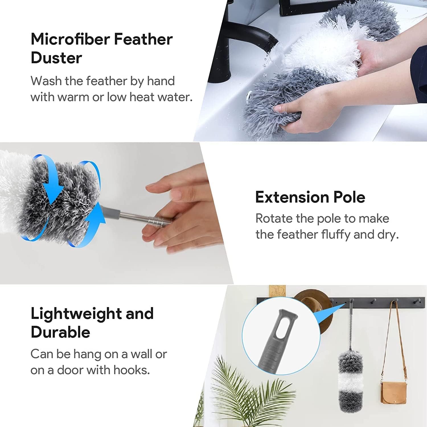 UCRAVO 3 in 1 Microfiber Feather Duster Set with 100 Inch Extendable Pole | 4 PCS Bendable Washable Fan Cleaning Brush for Ceiling Fans, High Ceilings, Cobwebs, Furniture, Walls & Home Dusting
