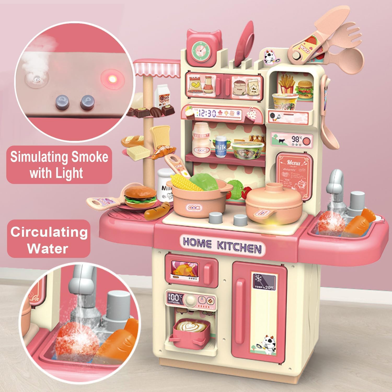 UCRAVO Kids Kitchen Play Set with Light & Sound, Pretend Play Cooking Set for Kids, Mini Kitchen Toy with Sink, Stove, Utensils & Food Accessories, Educational Role Play Toy for Boys Girls 3+ Years