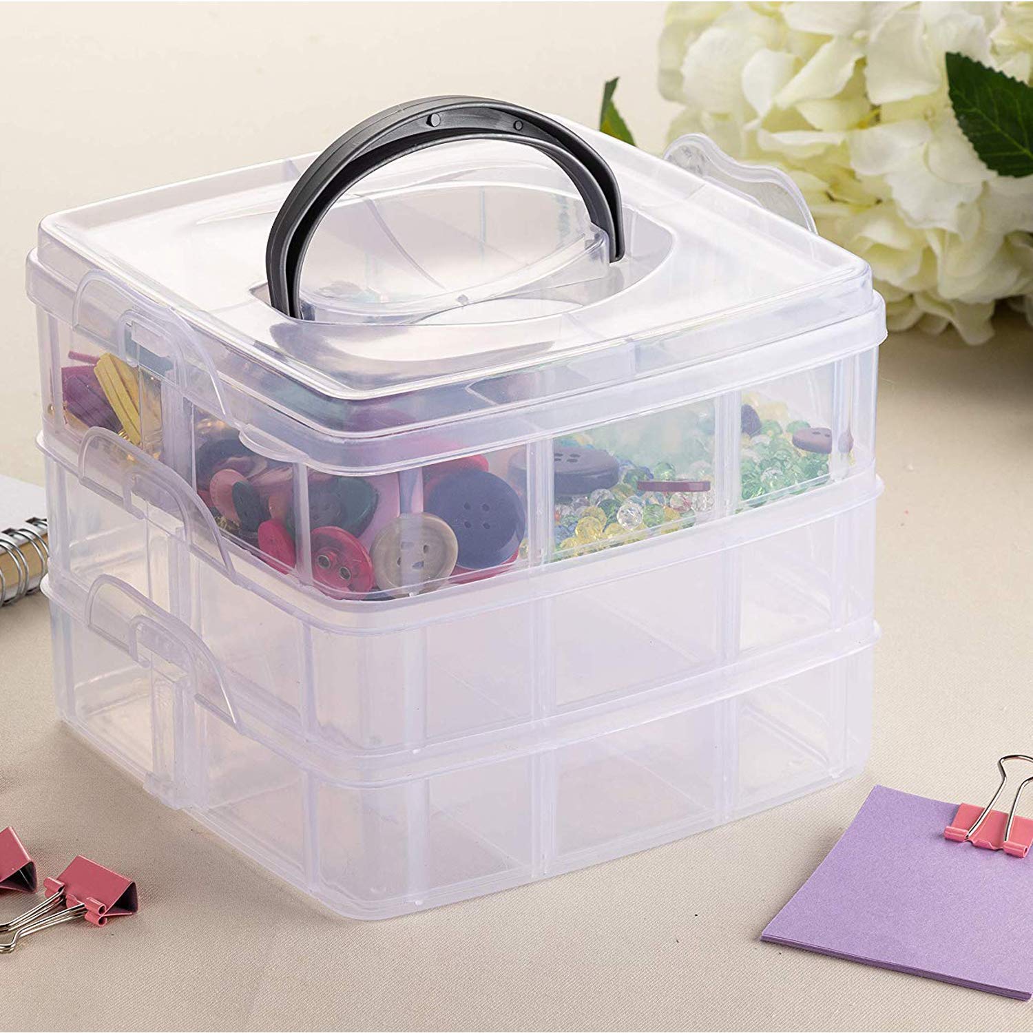 UCRAVO 1 PCS 18 Grid Detachable Desktop Storage Box Transparent Plastic Storage Box, 3 Layers Jewelry Organizer Holder Cabinets for Small Objects DIY Desktop Organizer Holder Box (WHITE)