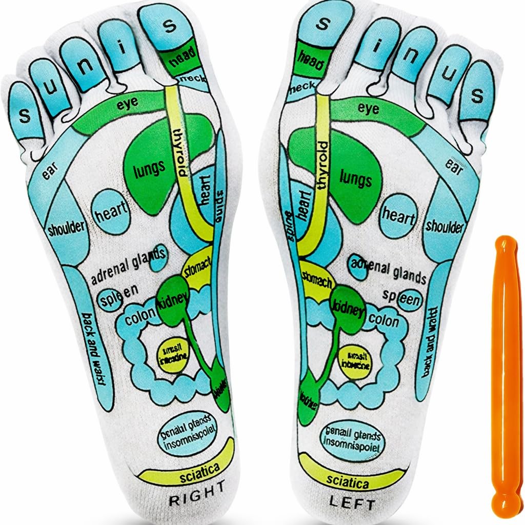 UCRAVO Reflexology Socks with Foot Massage Stick Acupressure Foot Chart Therapy Socks for Relief, Support, Heel Pain Treatment, Arch Support,Circulation Boost,Stress Relief,Home Spa Foot Massager Kit