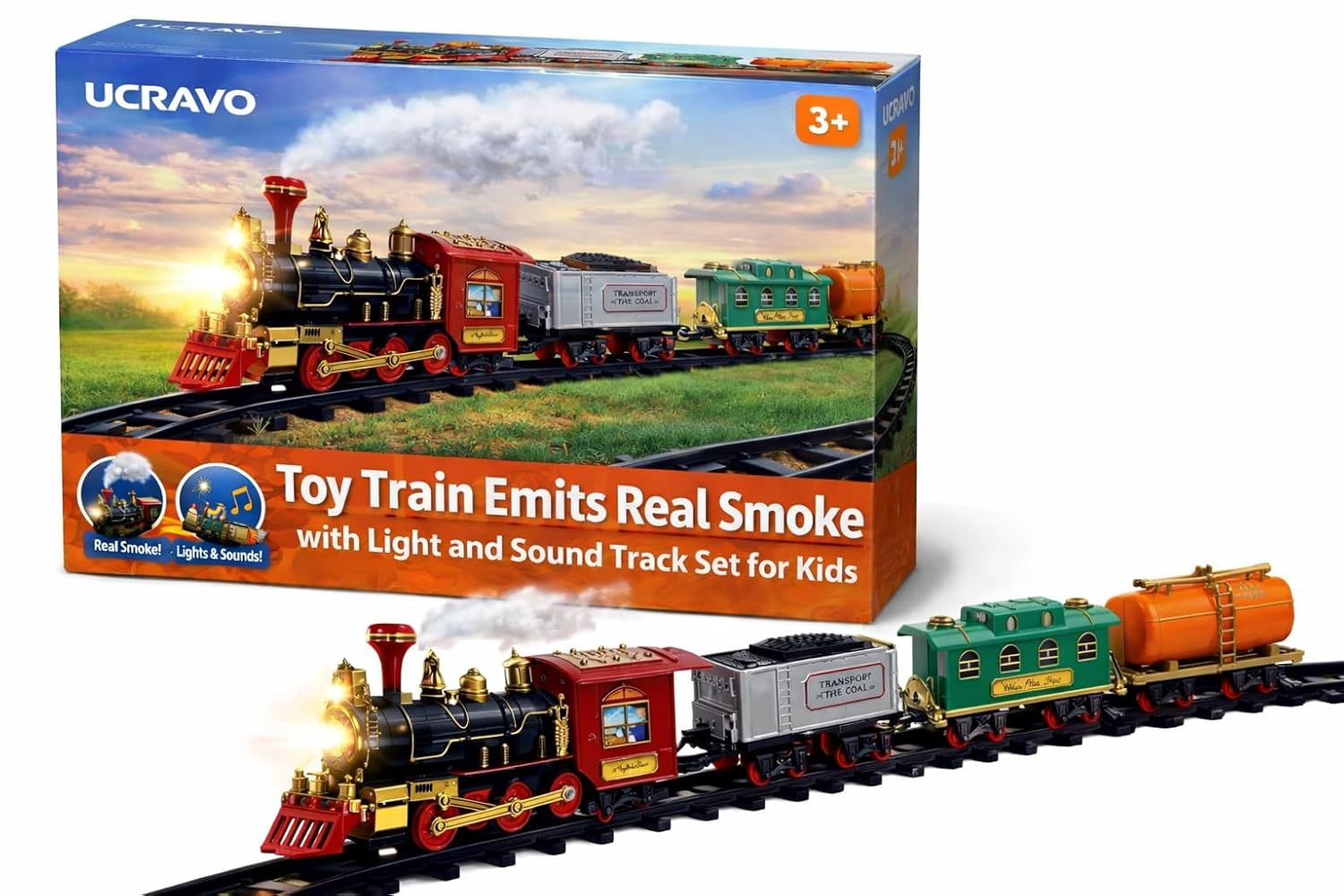 UCRAVO Electric Toy Train Set with Real Smoke, Lights Sound Steam Engine Railway Track Set for Kids 3+ Years, Battery Operated Classic Train with Cargo Coaches,Musical Train Toy Gift for Boys & Girls