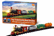 UCRAVO Electric Toy Train Set with Real Smoke, Lights Sound Steam Engine Railway Track Set for Kids 3+ Years, Battery Operated Classic Train with Cargo Coaches,Musical Train Toy Gift for Boys & Girls