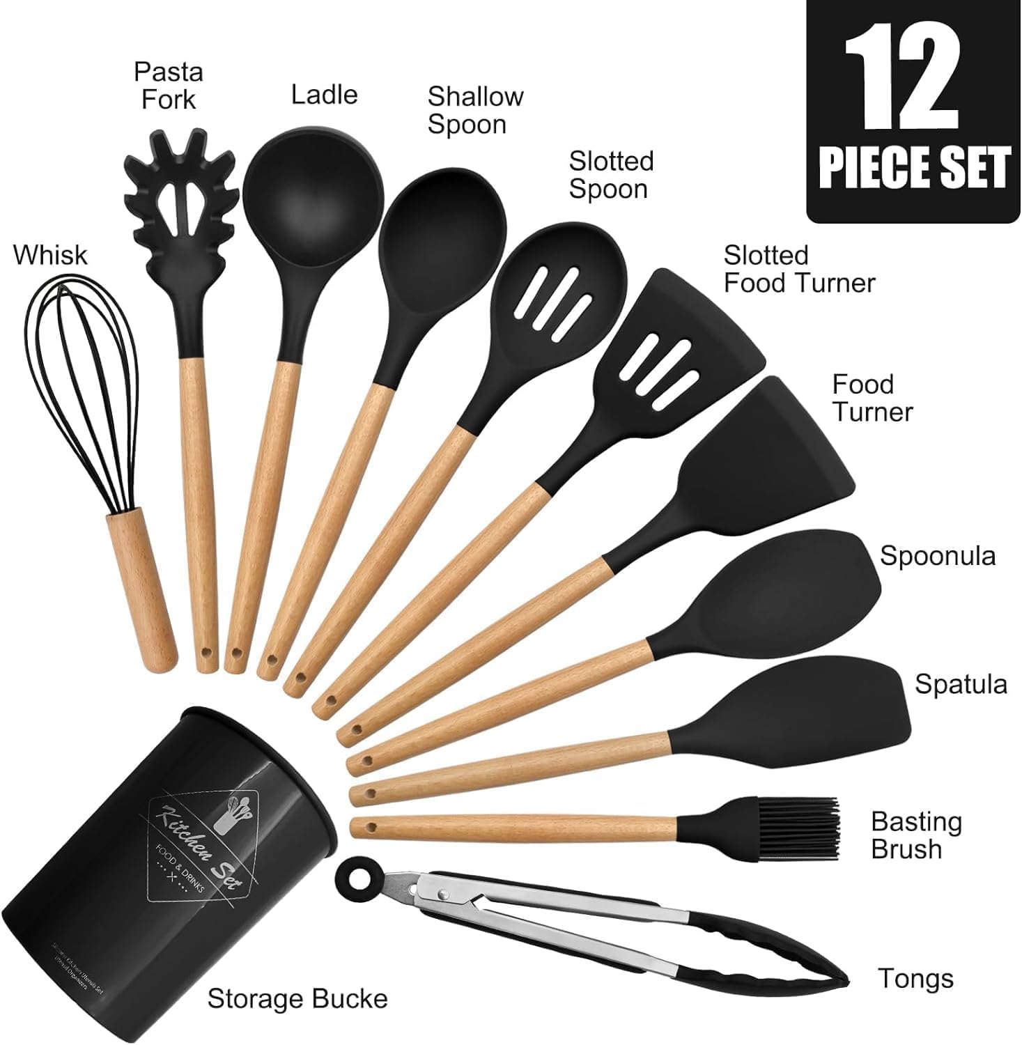 UCRAVO 12 Pcs Silicone Kitchen Utensil Set with Wooden Handle, Non-Stick Cooking + Baking Spoon & Spatula Set, BPA Free, Heat Resistant, Flexible Non Toxic Silicon Cookware Tools (Black)