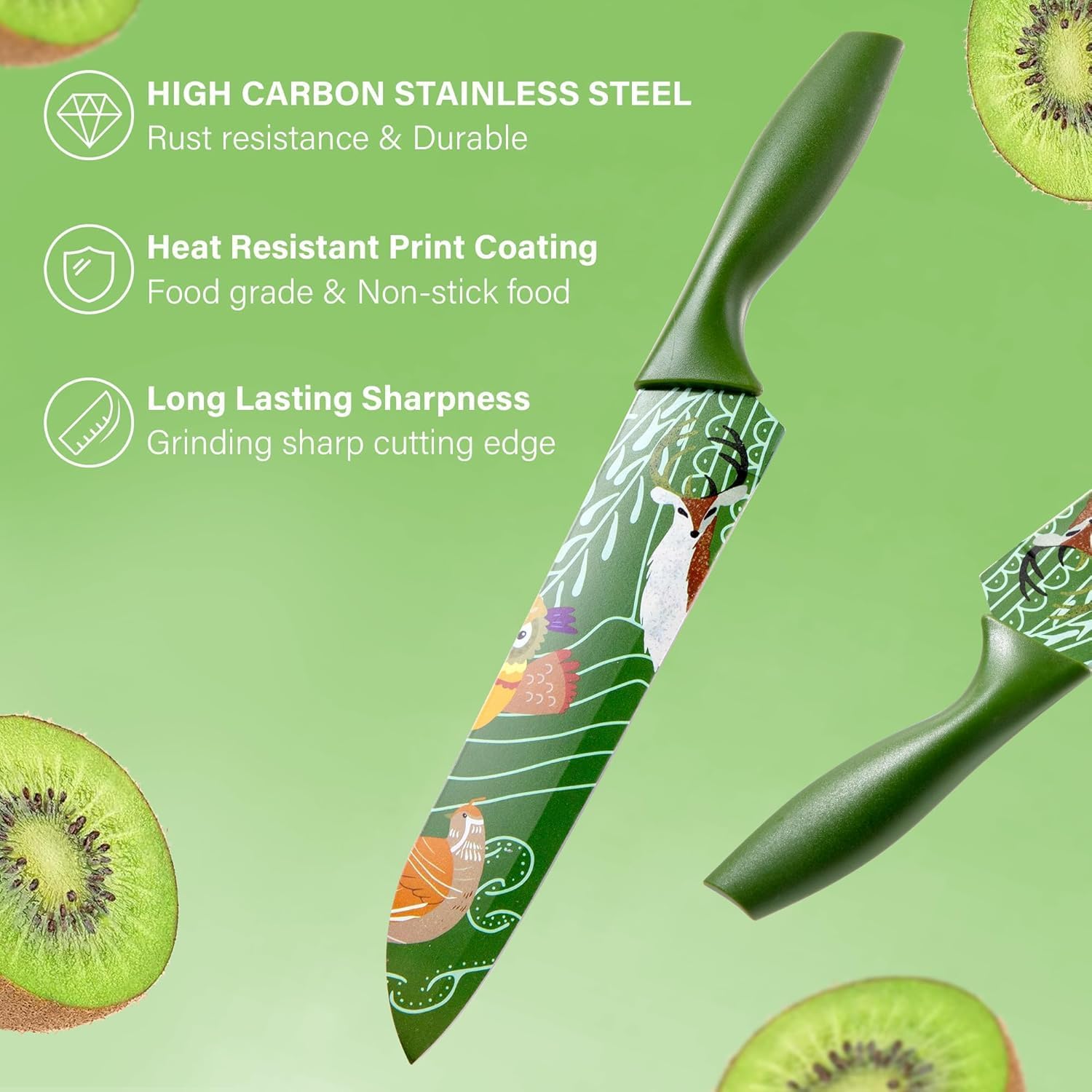 UCRAVO 3 Pcs Green Professional Kitchen Knife Set, Colorful Stainless Steel Chef Utility, Paring Knife, Razor Sharp Multipurpose Knives for Cutting Vegetables, Fruits, Bread with Non Slip Handle