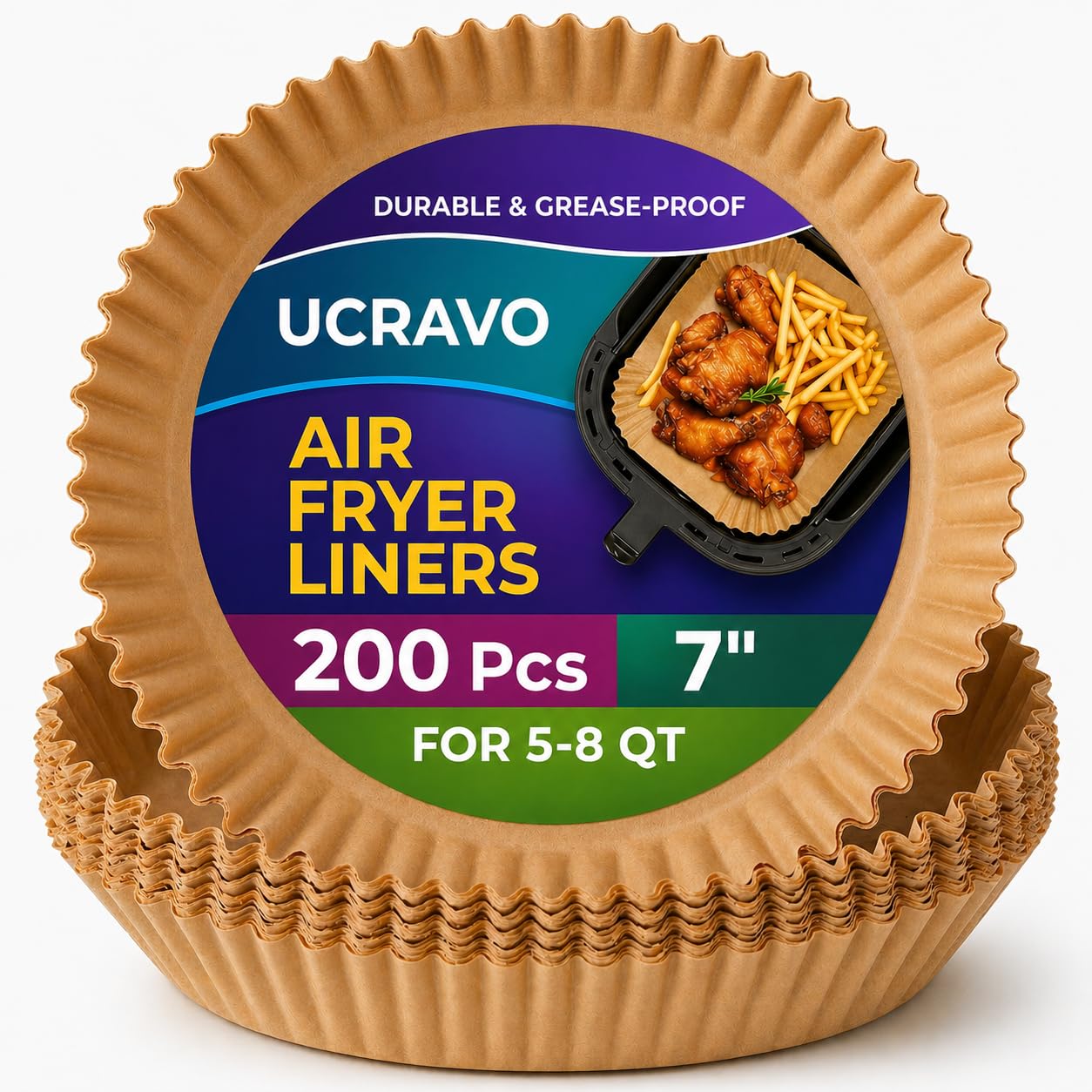UCRAVO 200 PCS Air Fryer Paper Sheets Air Fryer Liners Disposable, 7" Inch Round Food Grade Material Parchment Paper Liners Non-Stick & Oilproof for Airfryer, Baking, Roasting Microwave, Oven (Round)