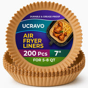 UCRAVO 200 PCS Air Fryer Paper Sheets Air Fryer Liners Disposable, 7" Inch Round Food Grade Material Parchment Paper Liners Non-Stick & Oilproof for Airfryer, Baking, Roasting Microwave, Oven (Round)