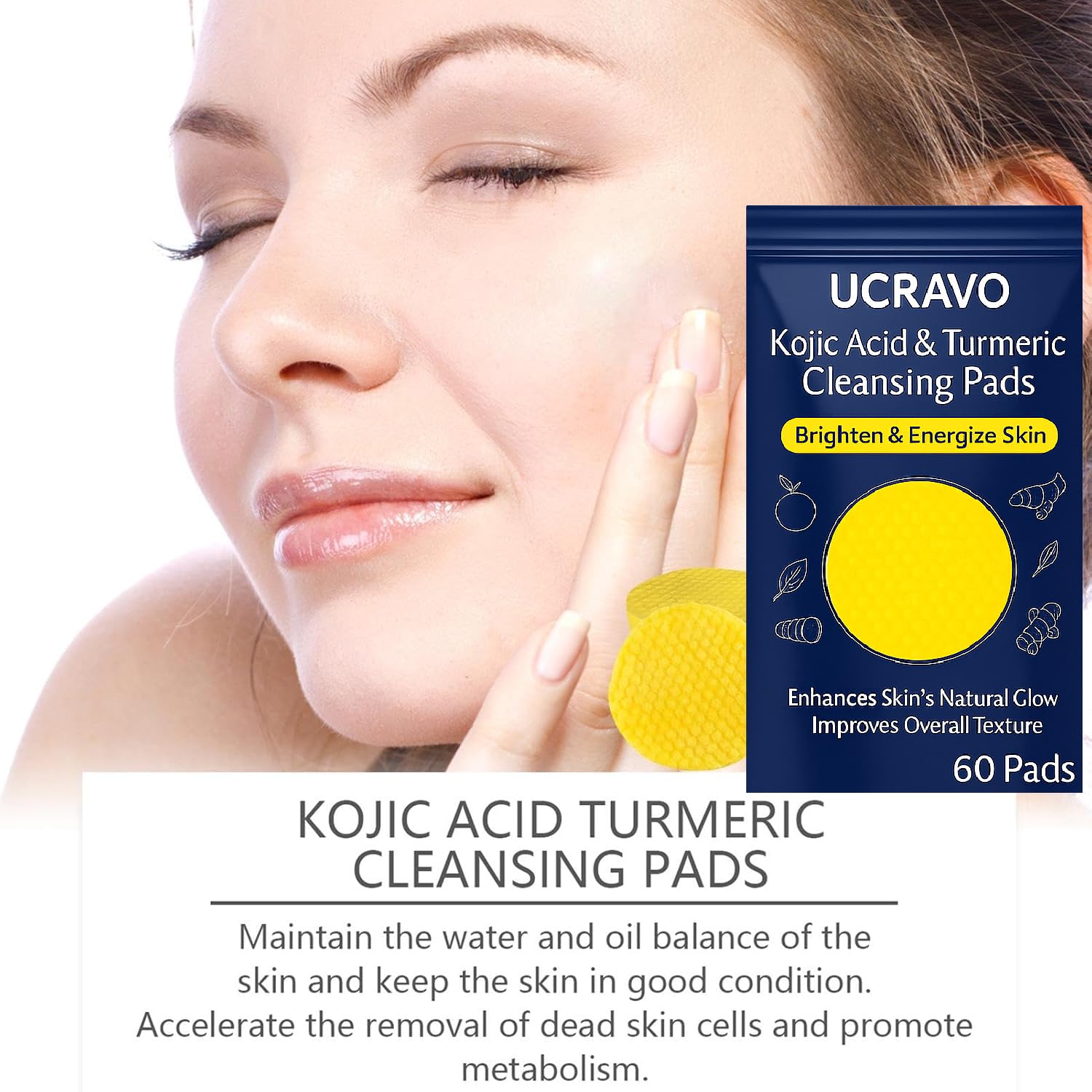UCRAVO Kojic Acid & Turmeric Cleansing Pads – 60PCS | Skin Brightening & Dark Spot Remover | Foaming Exfoliating Face Pads with Vitamin C & B5 for Acne Prevention – For All Skin Types-Pack of 1