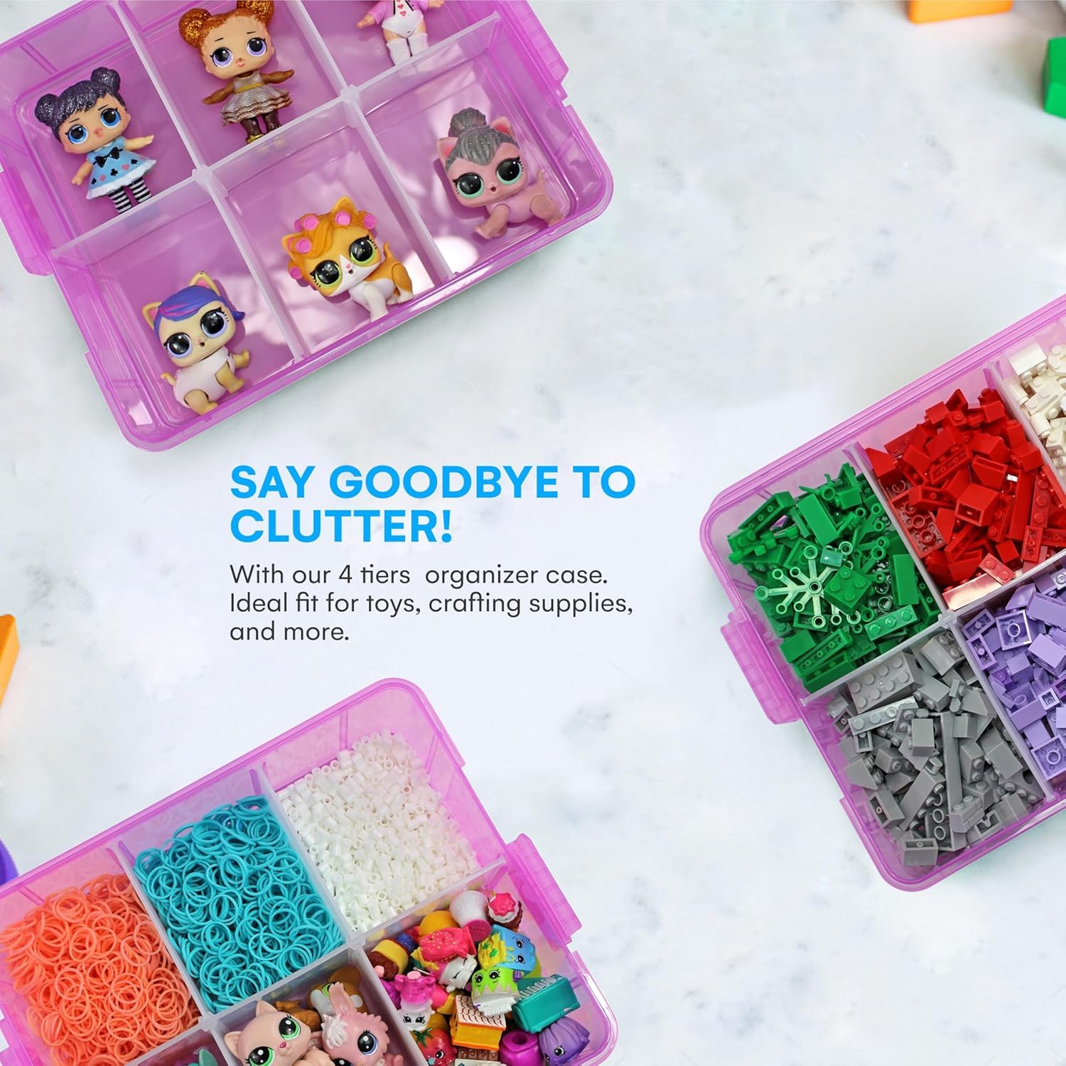 UCRAVO 1 PCS Plastic 3-Layer Jewelry Organizer Box with 18 Adjustable Dividers, Clear Transparent Storage Box with Collapsible & Removable Dividers, Stackable Toy Organizer Storage Case (PINK)