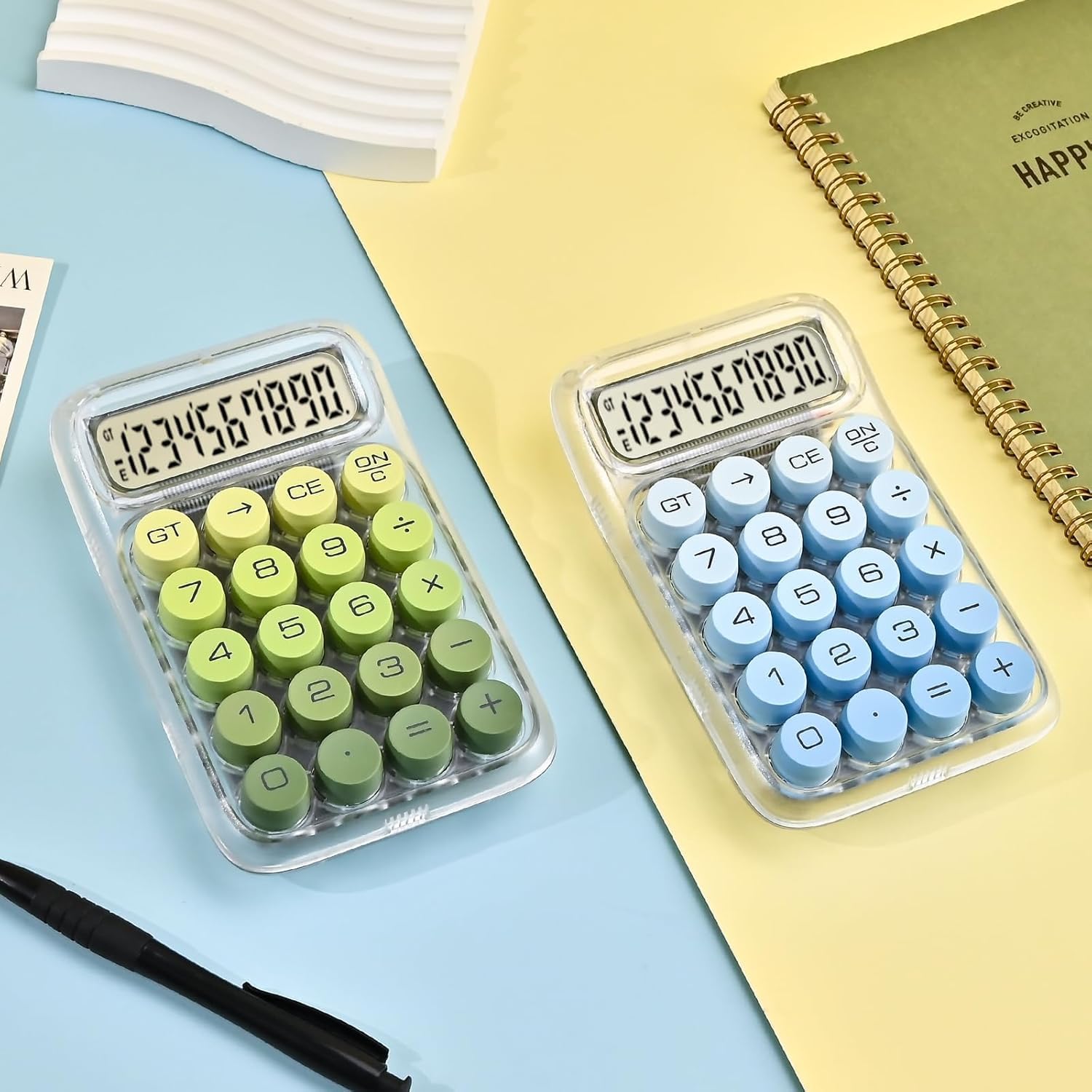 UCRAVO Clear Green Calculator, 10-Digit Desktop Adding Machine, Green Mechanical Round Buttons, Transparent Aesthetic Keypad, Small Basic for Office & School