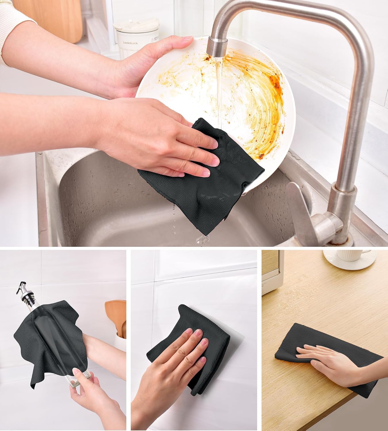 UCRAVO Microfiber Cleaning Cloth Roll, 20Pcs, 4000 Times Washable 10X Cheaper Than Paper Kitchen Towel Roll Ultra Absorbent Lint Free Microfiber Cleaning Cloth for Kitchen Tearable, Reusable - Black