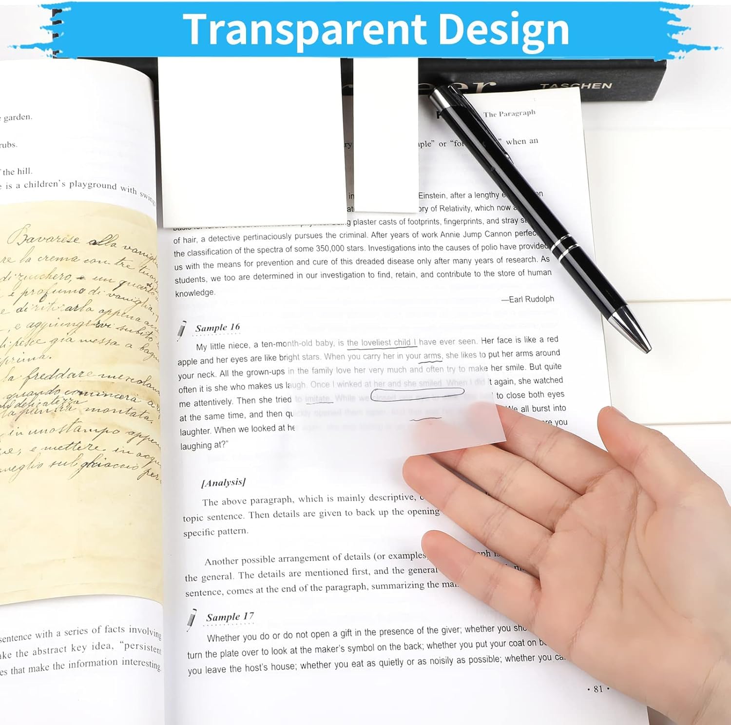 UCRAVO 400 Sheets Transparent Sticky Notes Self Adhesive Clear Sticky Notes for Writing Marking,Annotating Waterproof Reusable Sticky Pads for Office School College Study Planner Journaling Book Tabs