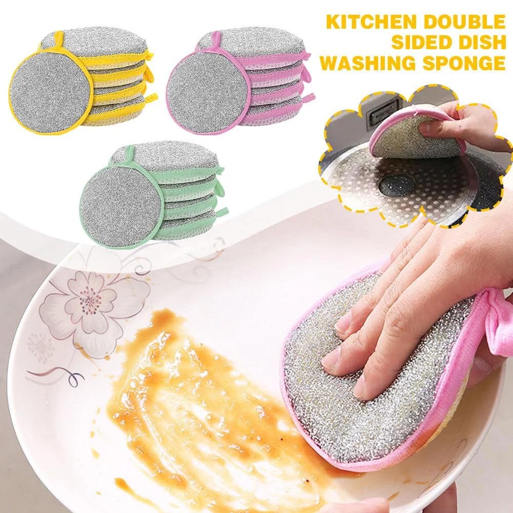 UCRAVO 5PS Dish Sponges, Double Sided Non-Scratch Scrub Cleaning Sponges, Rough Scrubbers Side for Non-Stick Cookware, Soft Microfiber Scrub for Dishes, Household Cleaning Tools for Kitchen Bathroom