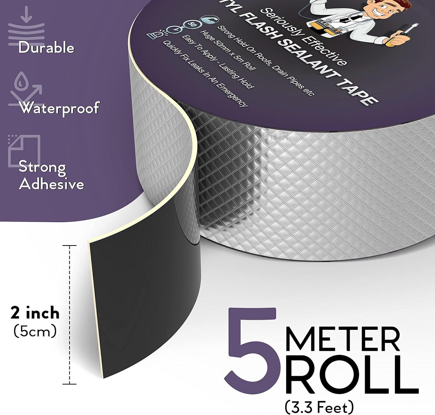 UCRAVO Super Strong Adhesive Waterproof Permanent Repair Aluminum Butyl Tape Rubber Foil Suitable for Roof Leak, Surface Crack, Window Sill Gap, Boat Sealing, Home Renovation(5CM*5M), Silver