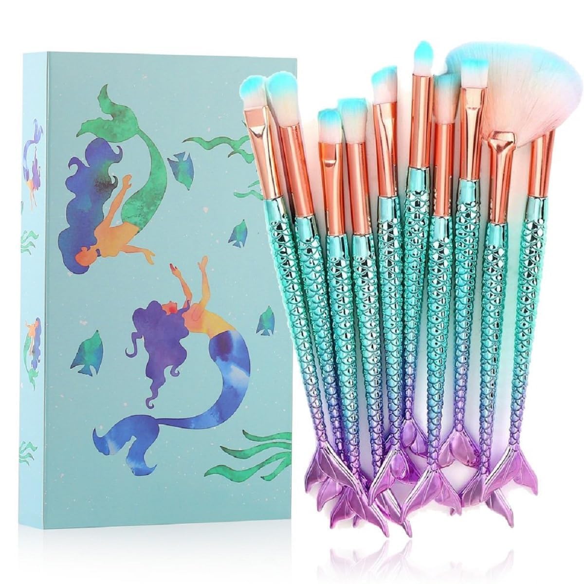 UCRAVO Mermaid Makeup Brush Set (10 PCS) Professional Makeup Brushes Kit with Fish Scale Handle, Soft Synthetic Bristles for Foundation, Blush, Eyeshadow, Contour & Highlight Cosmetic Brush Set for Women & Girls