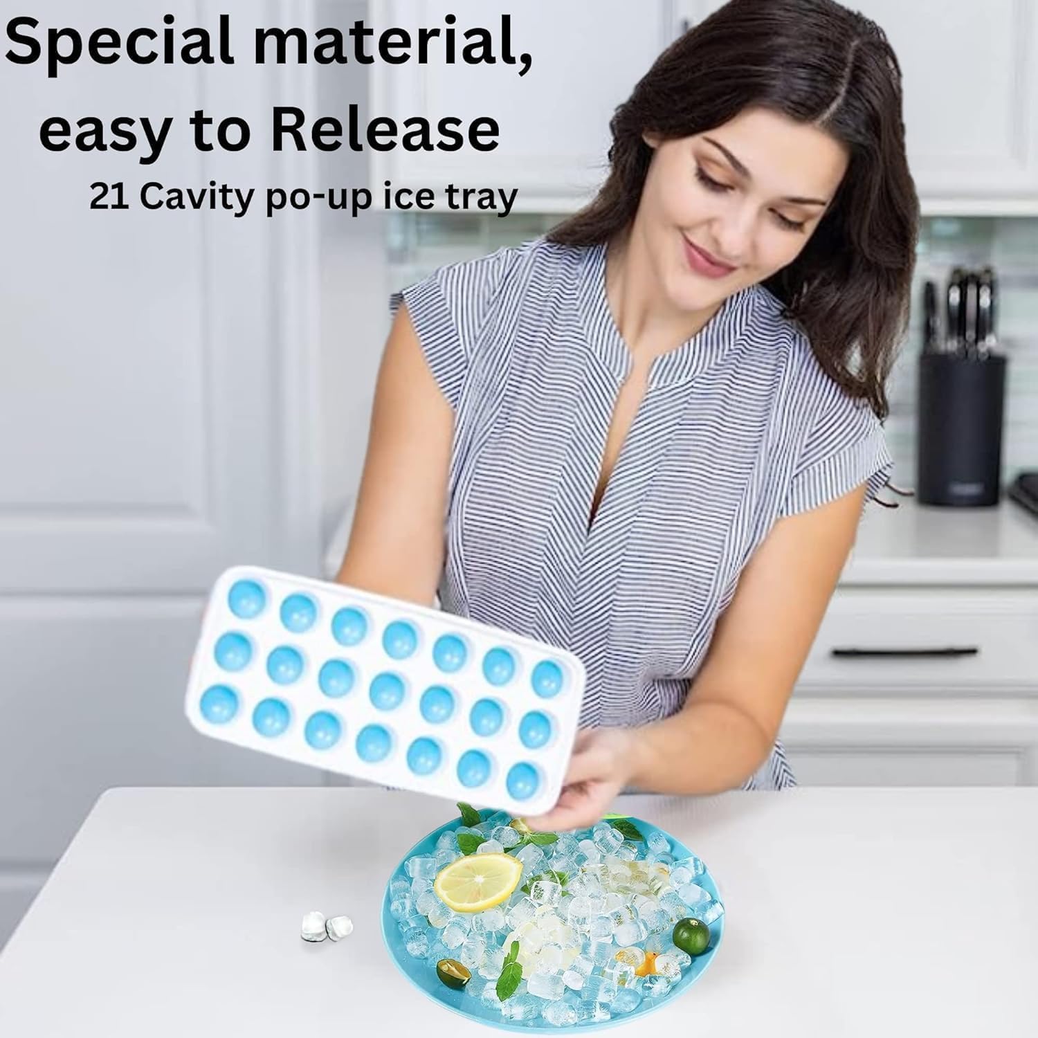 2 pcs 21 Cavity Pop Up Ice Cube Trays with Lid for Freezer with Easy Release Flexible Silicone Bottom, Stackable, Durable Food Grade, Dishwasher Safe for Freezer, Cocktail