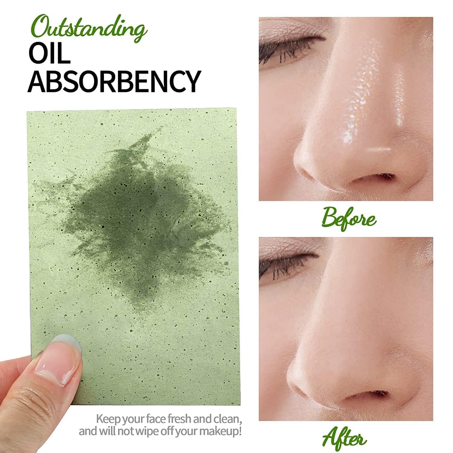 UCRAVO Green Tea Infused Premium Oil Blotting Sheets 100 Pcs Thick Facial Oil Absorbing Papers for Oily Skin Instant Shine Control, Acne & Pore Care Makeup Face Blotting Paper with Portable Dispenser