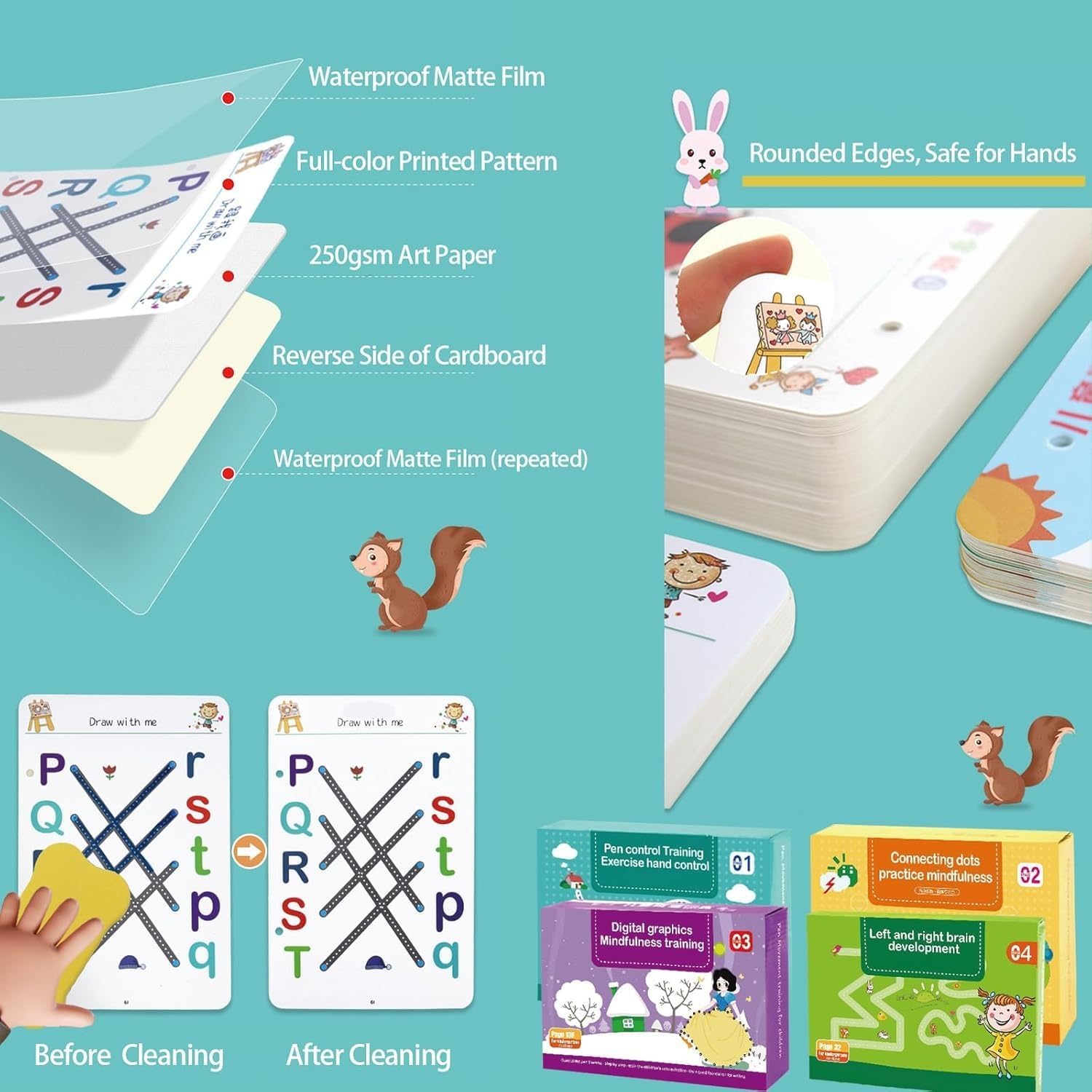 UCRAVO Pen Control Training Cards for Kids | 64 Pages Reusable Early Learning Writing Practice Book | Preschool Handwriting Workbook | Drawing, Tracing, Number & Pattern Learning for Children