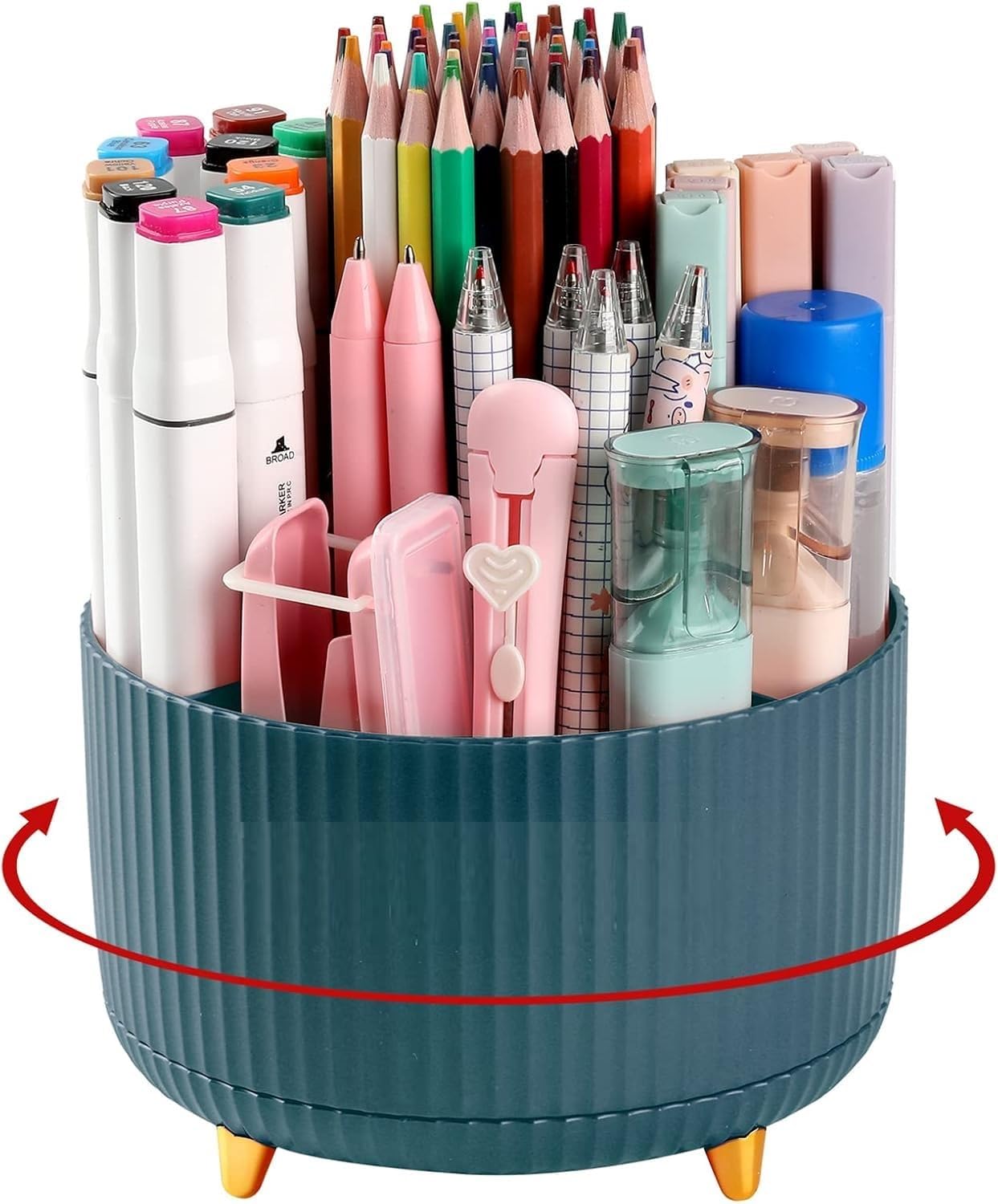 UCRAVO 360° Rotating Pen Holder for Desk with 5 Compartments – Desk Organizer for Office Supplies, Pencil Holder Stand, Stationery Organizer, Makeup Brush Holder, Art Supply Storage Box Caddy – Green