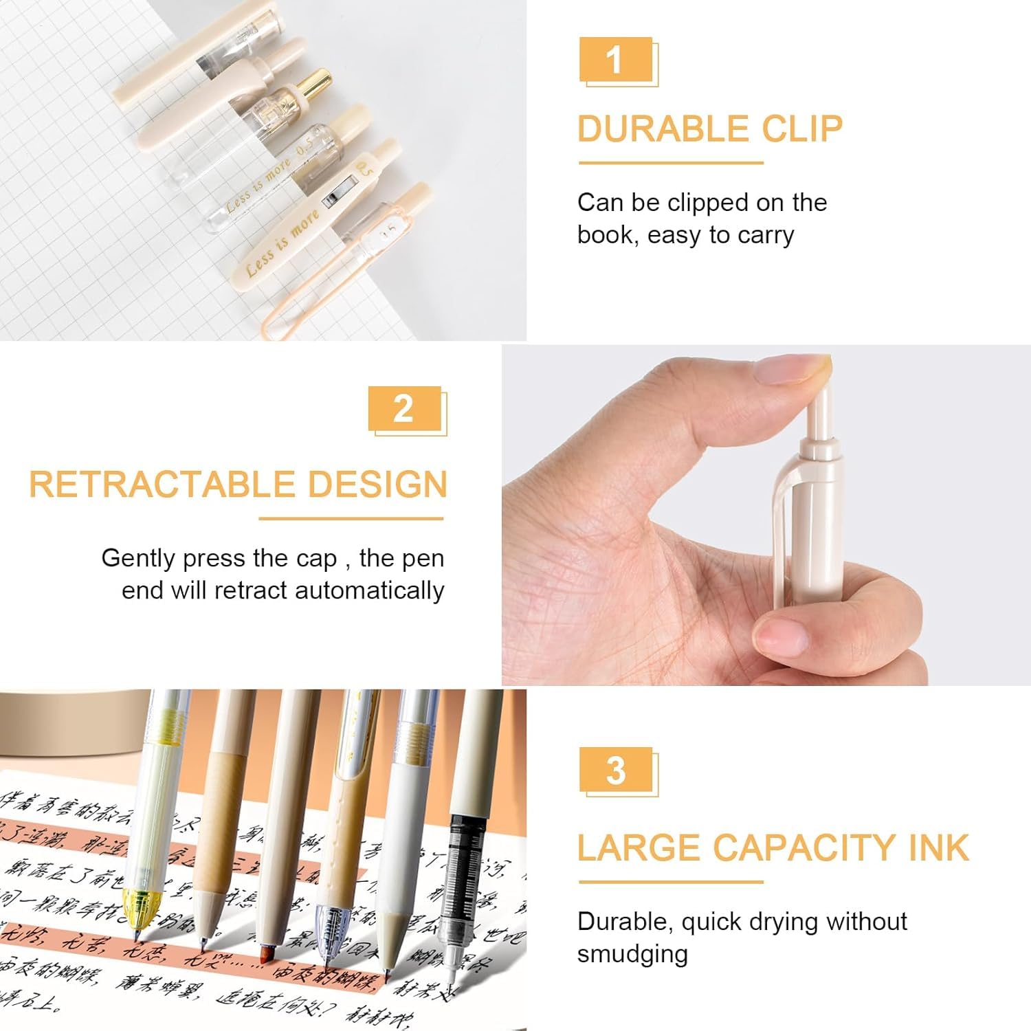 UCRAVO 6 Count Pastel Gel Ink Pen Set,Cute Note Taking 0.5mm Fine Point Retractable 5 Count Blue Ink Pens with 1 Count Highlighter for Writing, Journaling, School, Office (Off White)