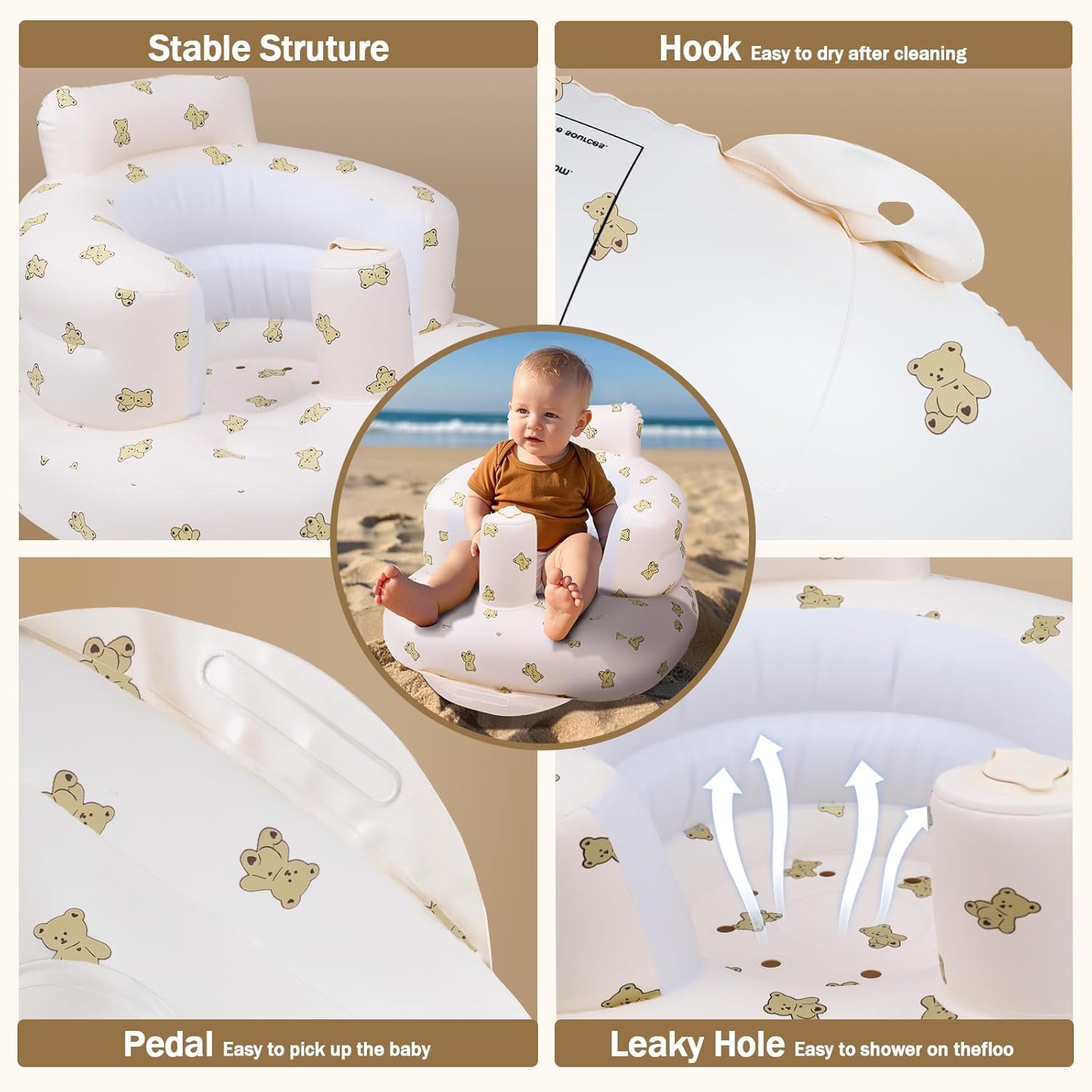 UCRAVO Baby Inflatable Sofa Seat for Sitting Practice Infant Support Chair with Backrest, Arm & Safety Bumper | Soft Air Filled Baby Floor Seat for 3–12 Months | Portable Baby Sitting Training Chair