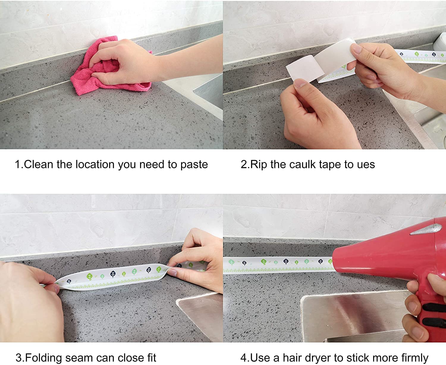 UCRAVO Waterproof Tape for Kitchen Sink – Multi-Print Oil-Proof Self Adhesive Caulk Tape for Bathroom, Platform, Corners & Gap Sealing Mildew Resistant Sealing Strip for Kitchen & Home (Multi Print)