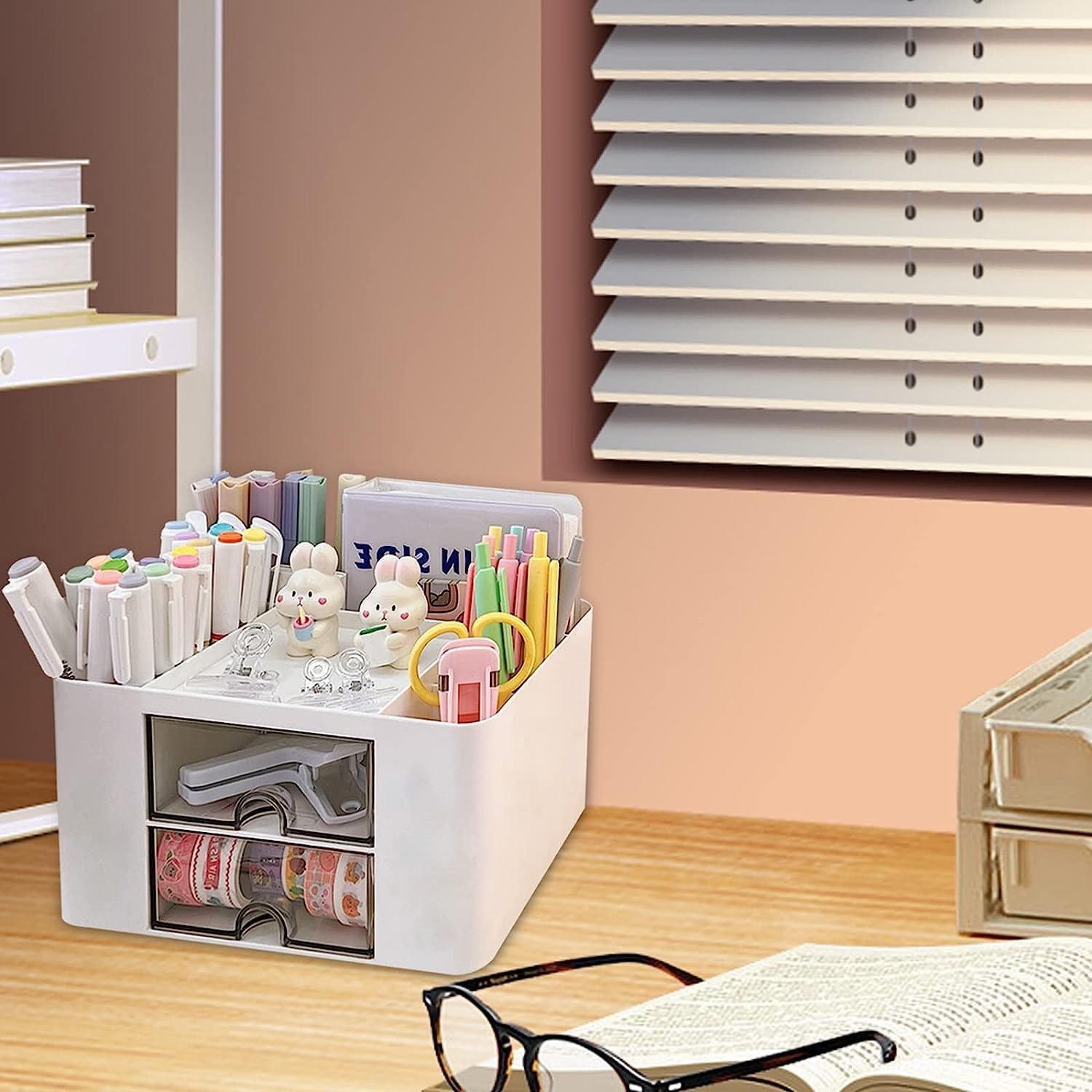 UCRAVO Stylish Stackable Desk Organizer with 2 Drawers and 5 Compartments– Multi-Functional Desktop Storage Box with Pen Holder for Home, Office, School, Craft Supplies, and Art Stationery - Blue