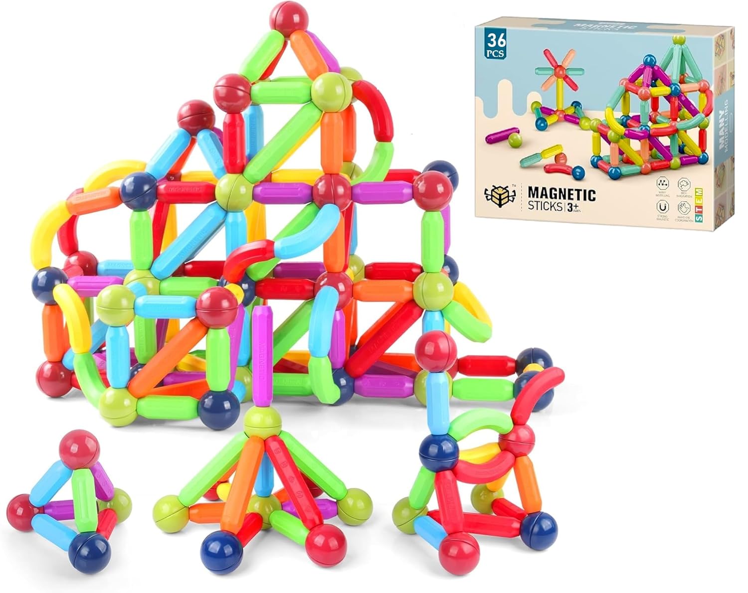 UCRAVO 36 PCS Magnetic Sticks & Balls Building Set for Kids–Colorful STEM Construction Toy,Creative Educational Learning Game for Boys,Girls,DIY 3D Shapes and Structures Building Blocks for Toddlers