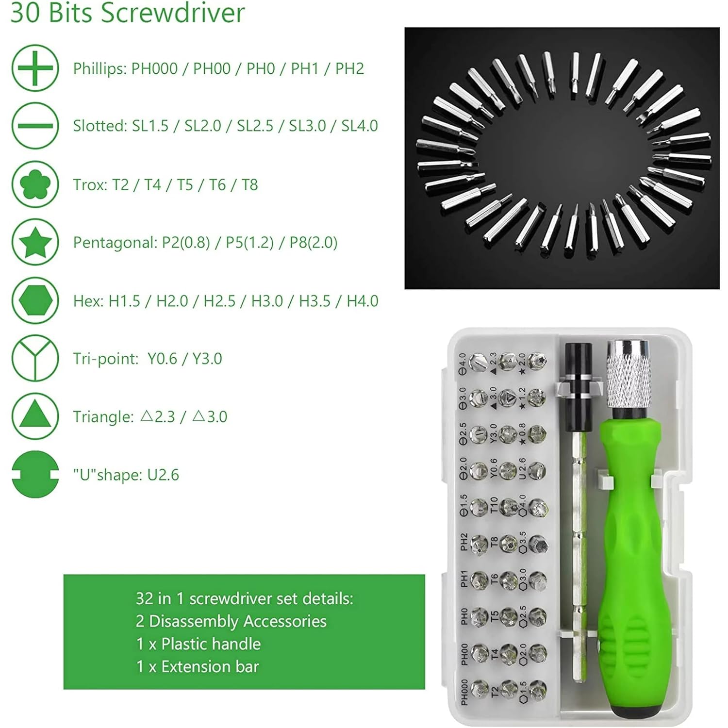 UCRAVO 32-in-1 Small Screwdriver Set, Mini Precision Professional Electronics Repair Tool Kit with 30 Bits Magnetic Driver Kit for Phone, Watch, DIY, Game, Console, Tablet, Computer Maintenance Tool