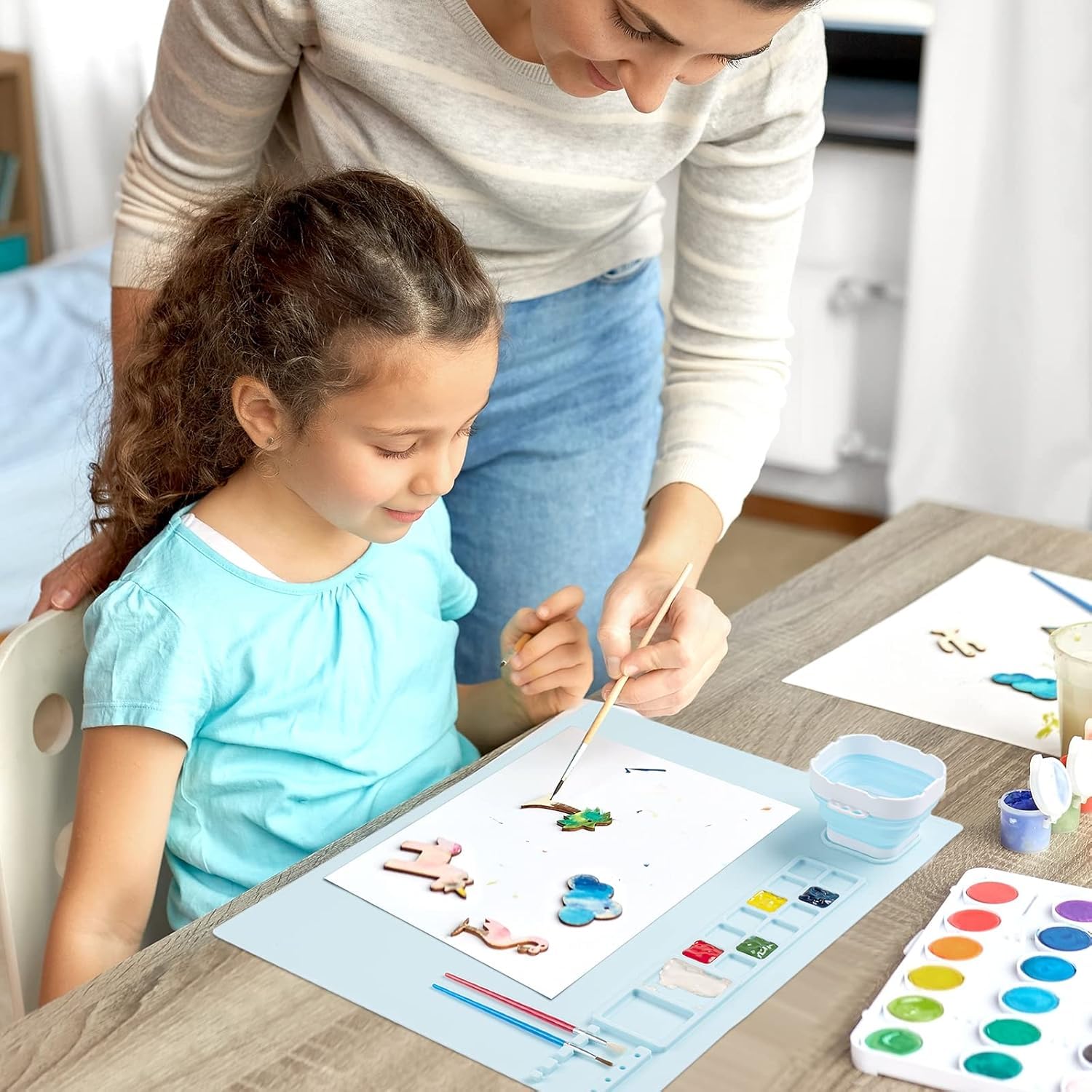 UCRAVO Silicone Painting Mat for Kids & Artists with Color Mixing Palette & Brush Cleaning Cup | Non-Stick Reusable Art Craft Mat for Acrylic, Watercolor, Resin, Clay & DIY Craft Desk Protector