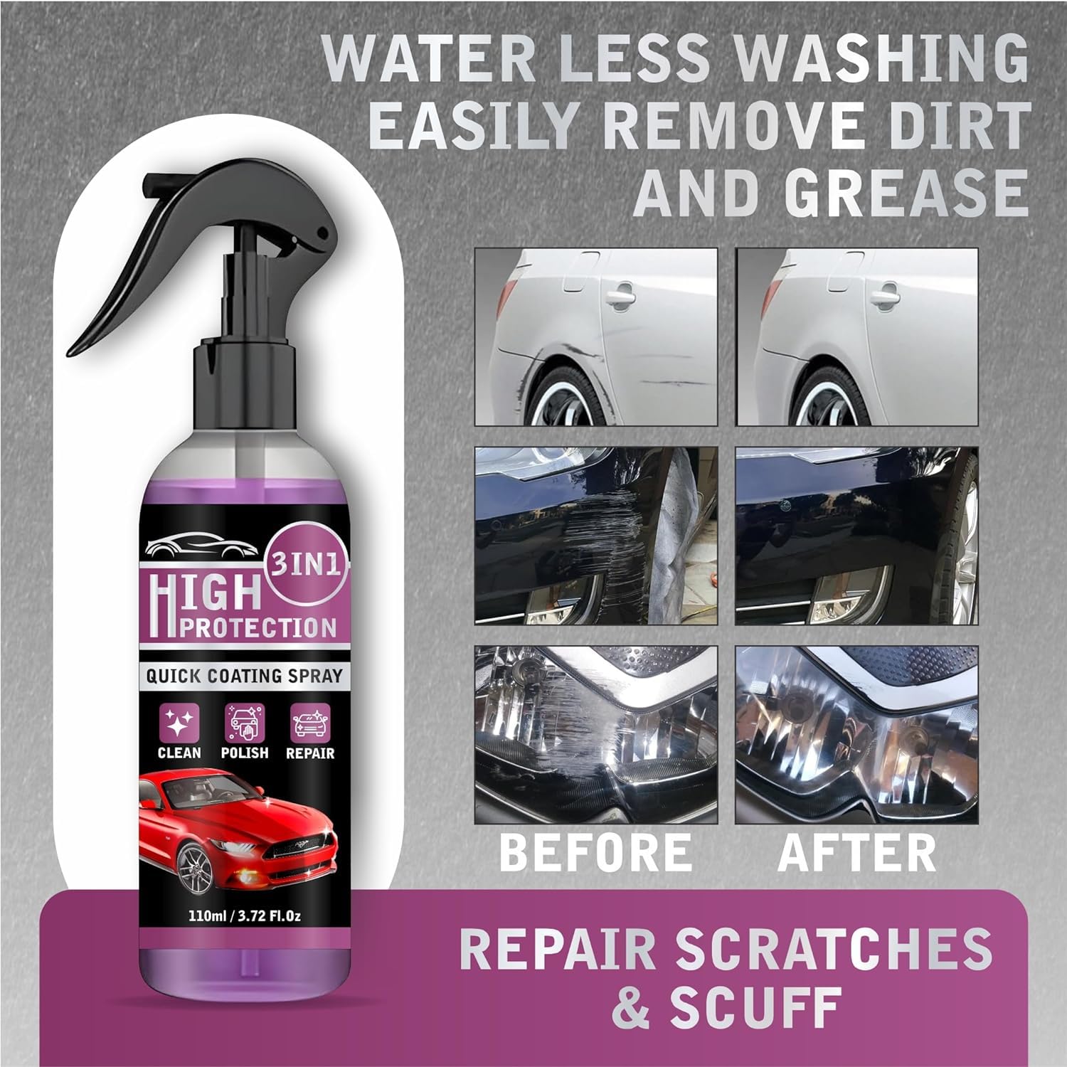 UCRAVO 1 PCS High Protection 3 in-1 Quick Coating Spray, Scratch Repair, Fast Wax Polishing, Scratch Repair Ceramic Coating Hand Spray, Waterless Car Wash Cleaning Spray