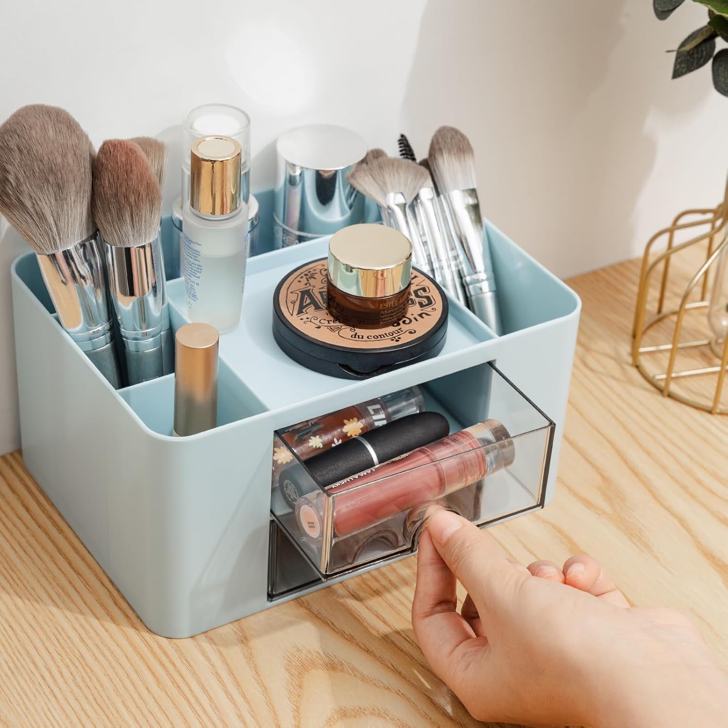 UCRAVO Stylish Stackable Desk Organizer with 2 Drawers and 5 Compartments– Multi-Functional Desktop Storage Box with Pen Holder for Home, Office, School, Craft Supplies, and Art Stationery - Blue