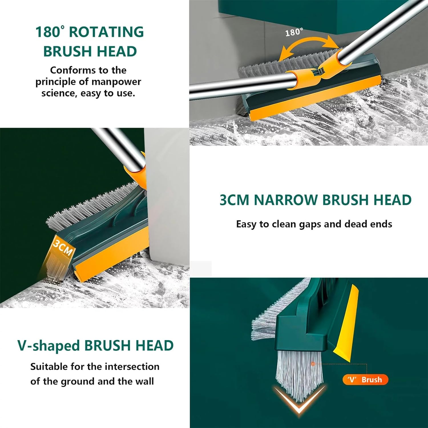 UCRAVO Floor Scrub Brush 3 in 1 Multifunctional Scrape Brush with Squeegee Long Handle Scrub Brush with V-Shaped Bristles Flexible Cleaning Magic Broom Brush for Floor Bathroom Kitchen Wall Deck Tile