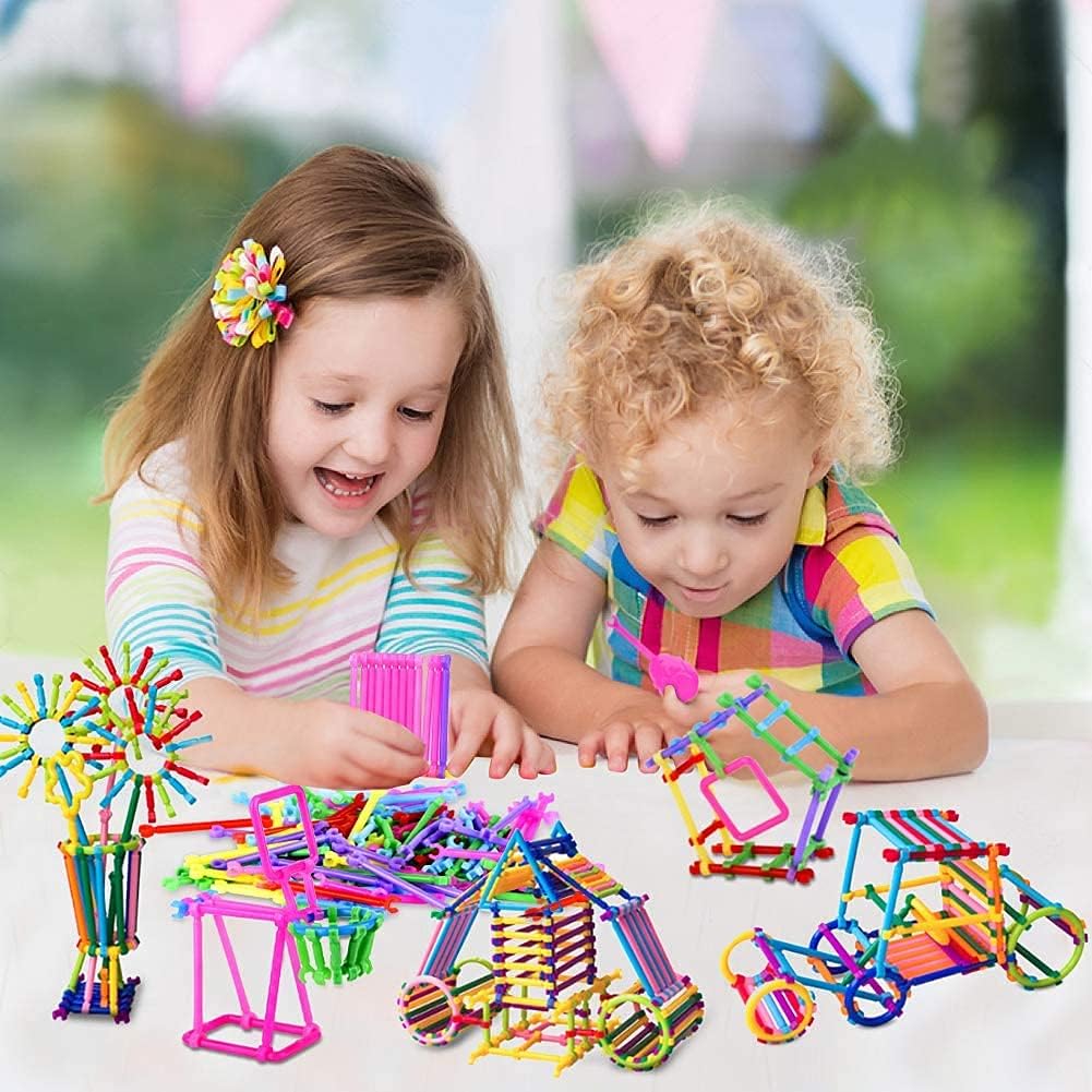 UCRAVO 100 pcs Building Sticks Connect Stick Blocks Creative Educational Toys Plastic Make Different Shapes by Children and Parents Toy Game Set for 3-8 Years Old Kids Boys & Girls-Multi Color