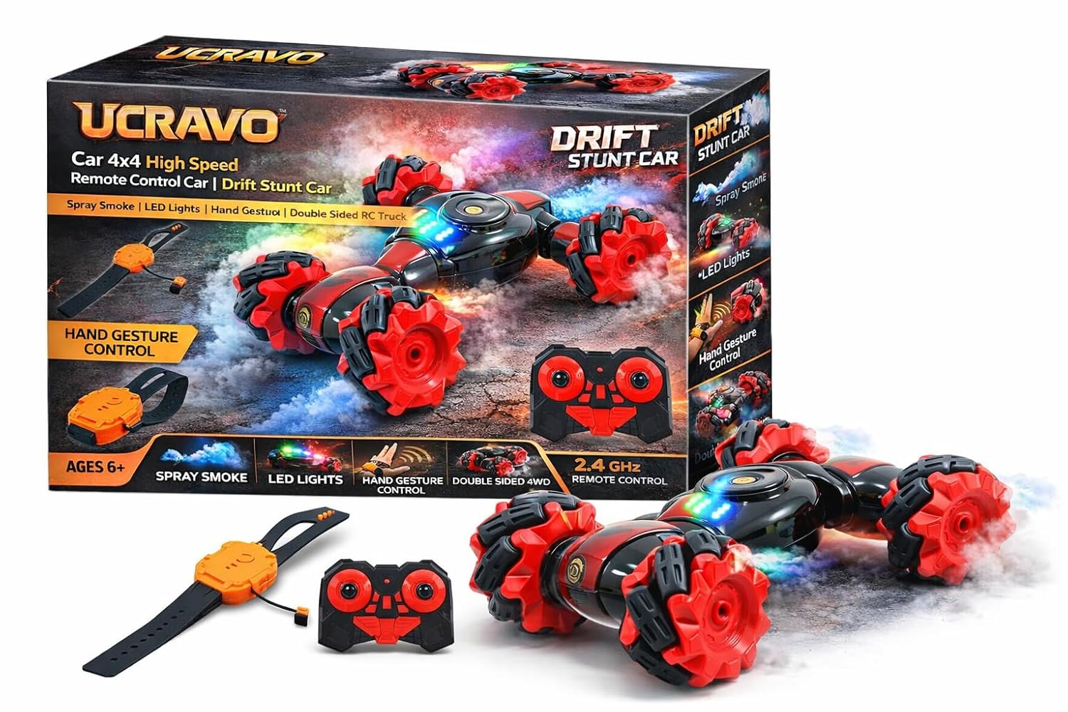 UCRAVO Car 4x4 High Speed Remote Control Car | Drift Stunt Car with Spray Smoke & LED Lights | Hand Gesture RC Car, Double Sided 4WD Monster Truck | 2.4GHz Off Road Toy for Kids Boys Girls