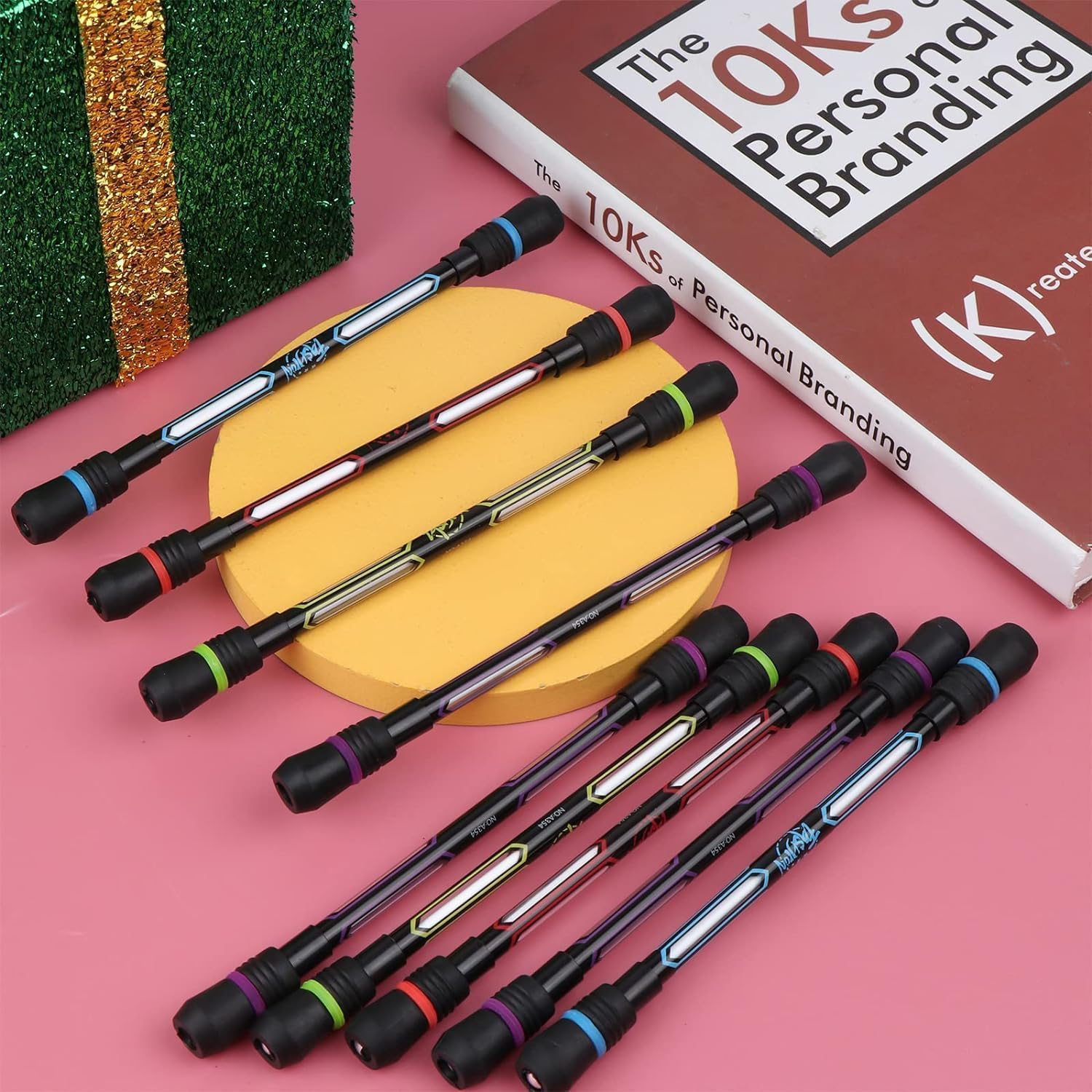 Pack of 2 Spinner Rotatable Gaming Finger Pens- Spinning Rolling Pen, Rotatable Non-Slip Design, Magic Floating & Rolling Light Anti Dropping Pen for Gamers, Ballpoint Pen Rolling Finger Multicolor