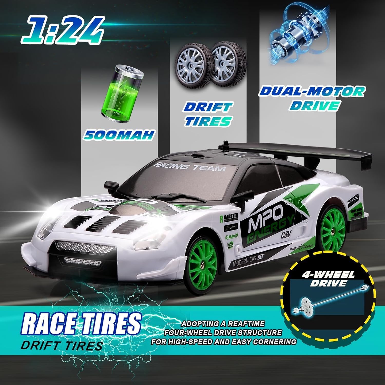 UCRAVO 4WD RC Drift Car for Kids & Adults – High Speed Remote Control Car 2.4GHz, Rechargeable Battery, Racing Drift Car with LED Lights, Toy Car Gift for Boys Girls Age 6 7 8 9 10 11 12+ Years