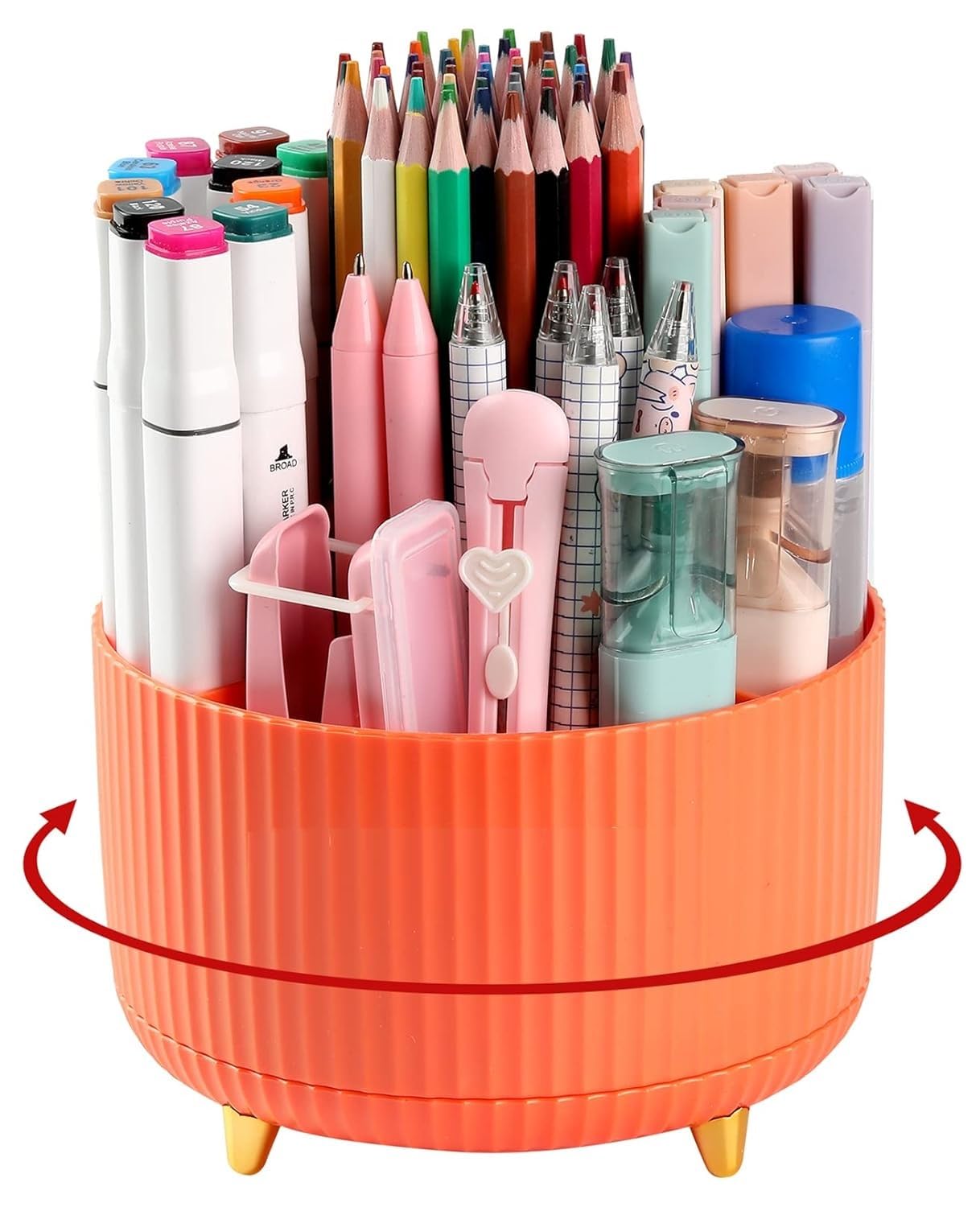UCRAVO Rotating Desk Organizer Pen Holder with 5 Compartments Orange 360° Spinning Stationery Organizer, Pencil Holder Stand for Office Desk,Study Table Accessories, Desktop Storage for Pens, Markers