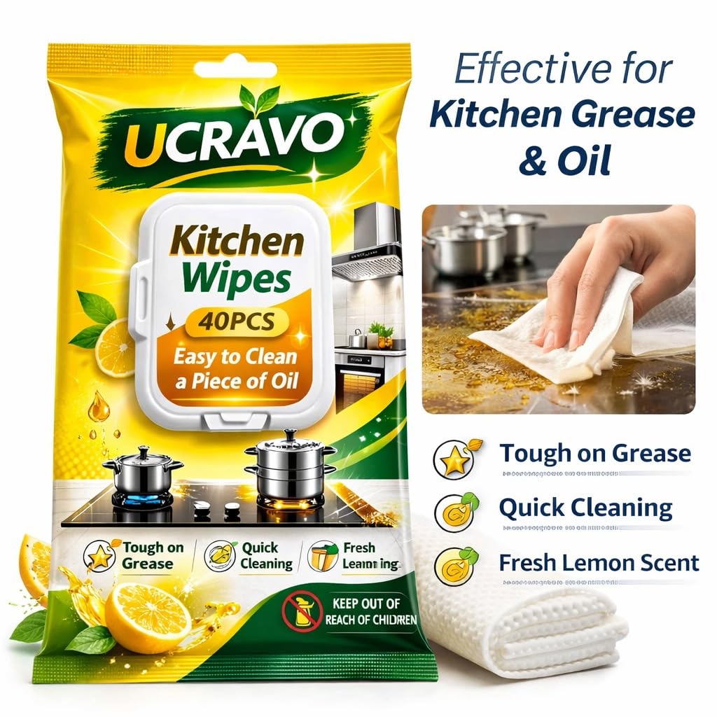 UCRAVO Kitchen Wipes 40 PCS – Lemon Scent Anti Bacterial Cleaning Wipes | Powerful Degreaser Disposable Kitchen Cleaning Tissue | Removes Oil Grease Stains | Multipurpose Surface Cleaning Wipes