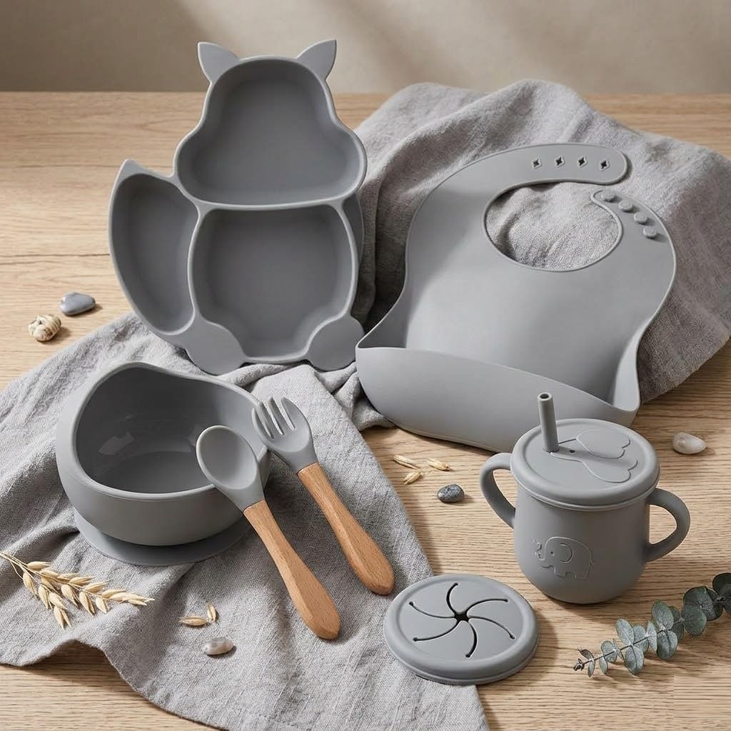 UCRAVO Grey Silicone Baby Feeding Set 6PCS Toddler Dinnerware Set with Strong Suction Bowl & Divided Plate, Adjustable Waterproof Bib with Food Catcher, Spill Proof Straw Sippy Cup, Baby Spoon & Fork