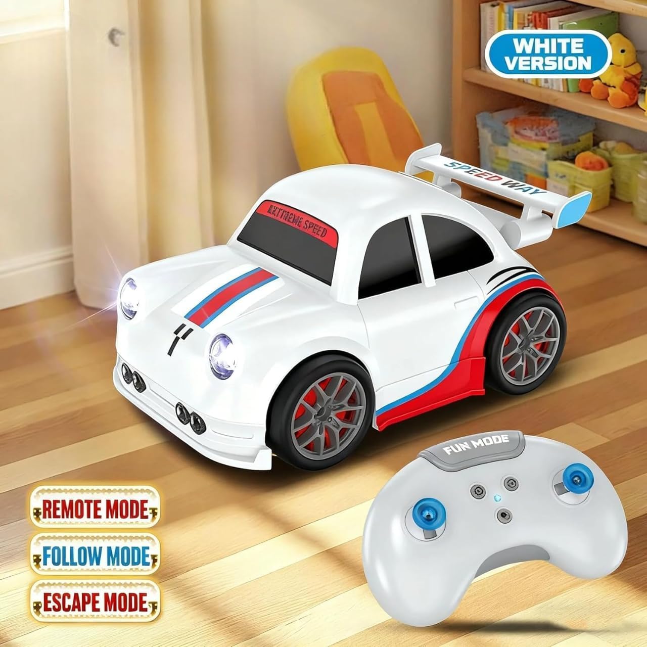 UCRAVO 2.4GHz Mini RC Car for Kids, Remote Control Racing Car with LED Lights & Sound, 360° Drift Stunt Toy, Follow & Escape Mode Sensor Control, High Speed Small RC Toy Car Gift for Boys Girls