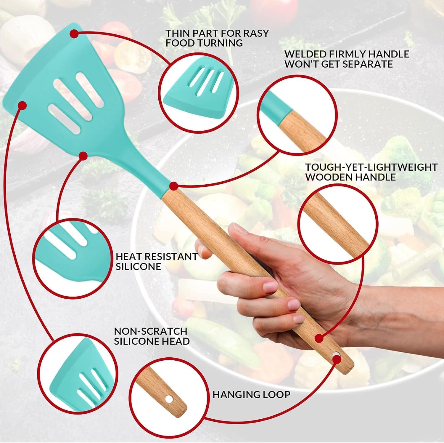 UCRAVO 12 Pc Silicone Kitchen Utensils & Spatula Set (Green) | Non-Stick Cooking/Baking Tools with Wooden Handle | BPA-Free, Heat-Resistant Flexible Silicon Cookware for Non-Stick Pans