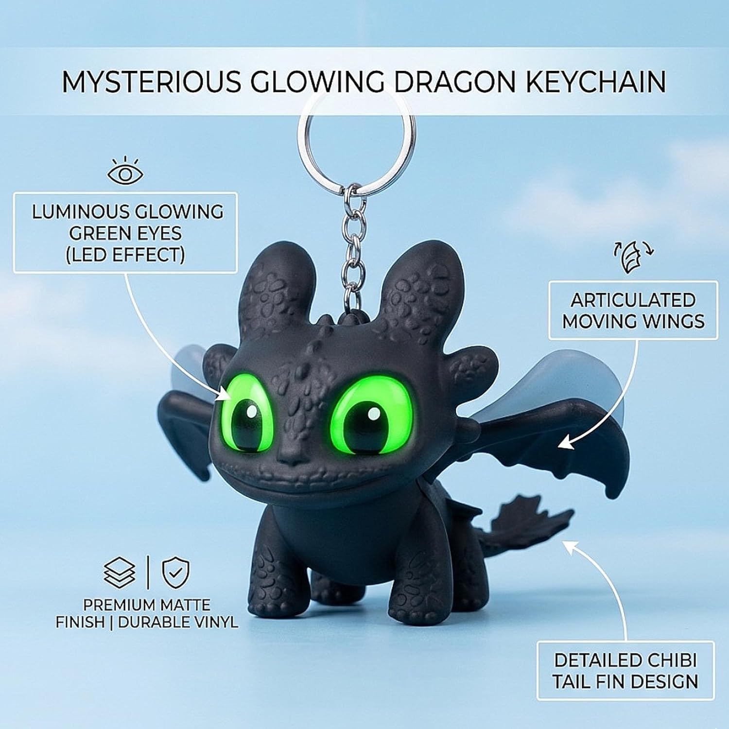 UCRAVO Dragon Keychain Toy with LED Light & Moving Wings – Night Fury Glowing Dragon Keyring | Mini Fantasy Creature Keychain for Car Keys, Bike, Backpack Accessory, Bag Charm & Kids Gift