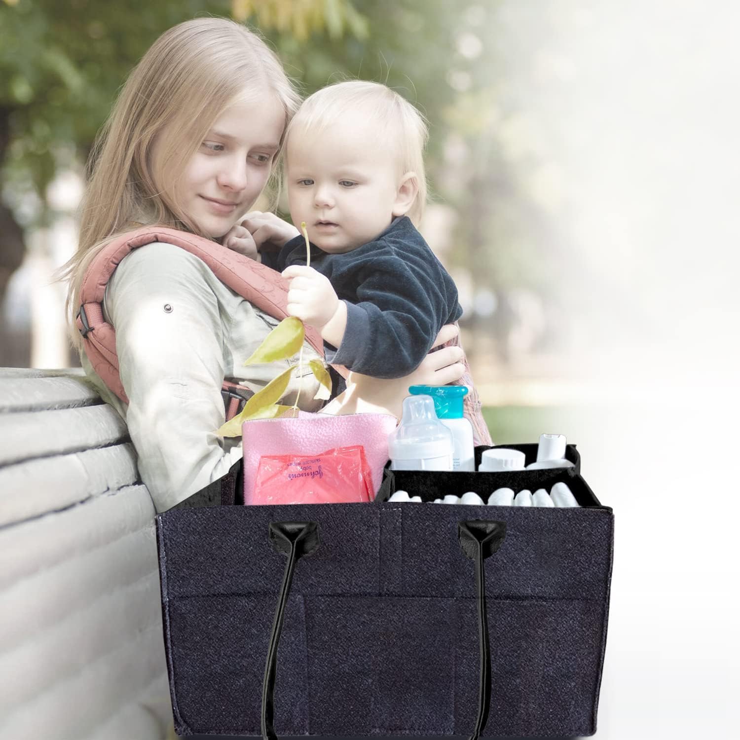 UCRAVO Baby Diaper Organizer,Diaper Caddy Felt Storage Box with Pocket,Portable Baby Wipes Basket with Compartment,Nursery Storage Bin Foldable Carrying Bag Organizer for Car Travel -Blue