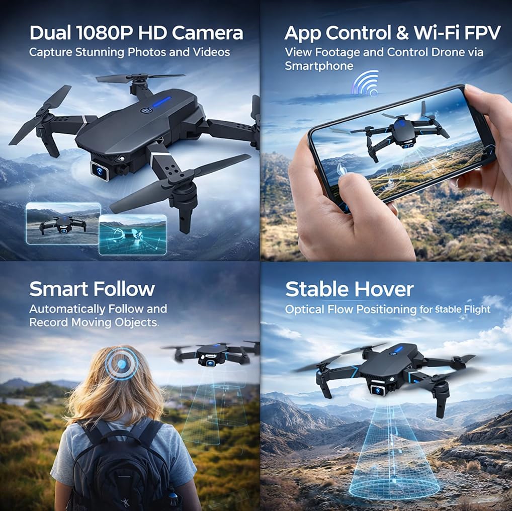 UCRAVO Foldable Drone with Camera for Adults 1080P HD | Mini RC Quadcopter with Auto Return, One Key Take Off & Landing | Altitude Hold, Headless Mode | Portable Drone with Carrying Case