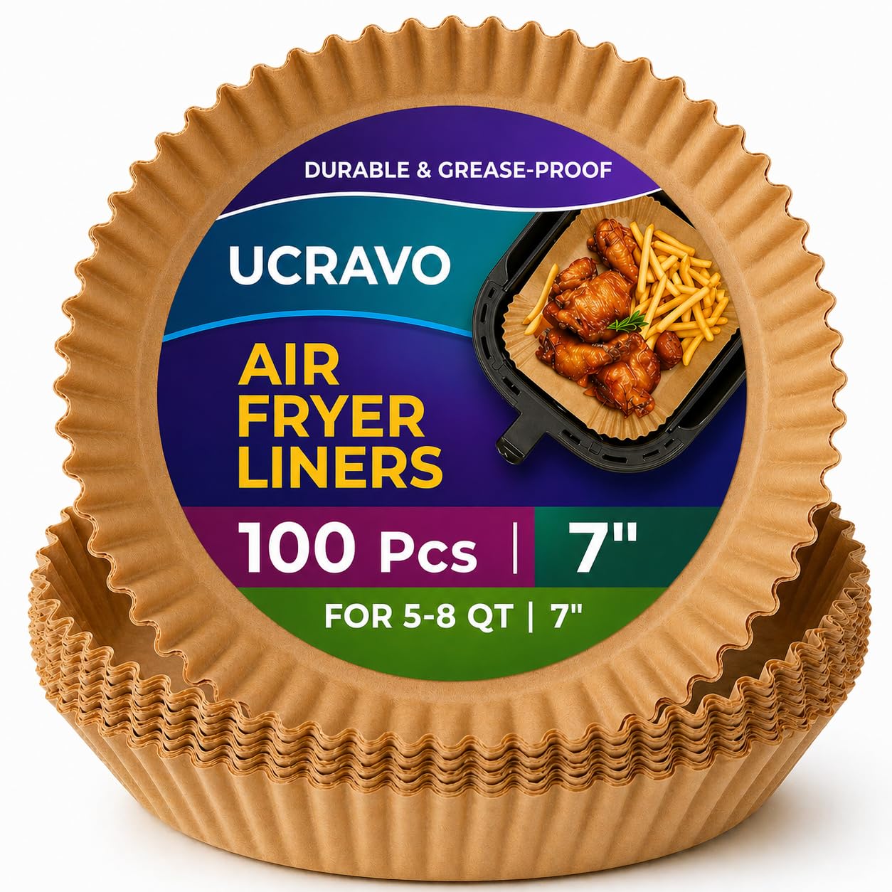 UCRAVO 100 PCS Air Fryer Disposable Paper Liner, Round Air Fryer Paper Liners, Natural Parchment Paper for Air Fryer, Non-Stick, Oil-Proof,Food Grade Paper Liner for Baking Roasting Microwave 7" Inch