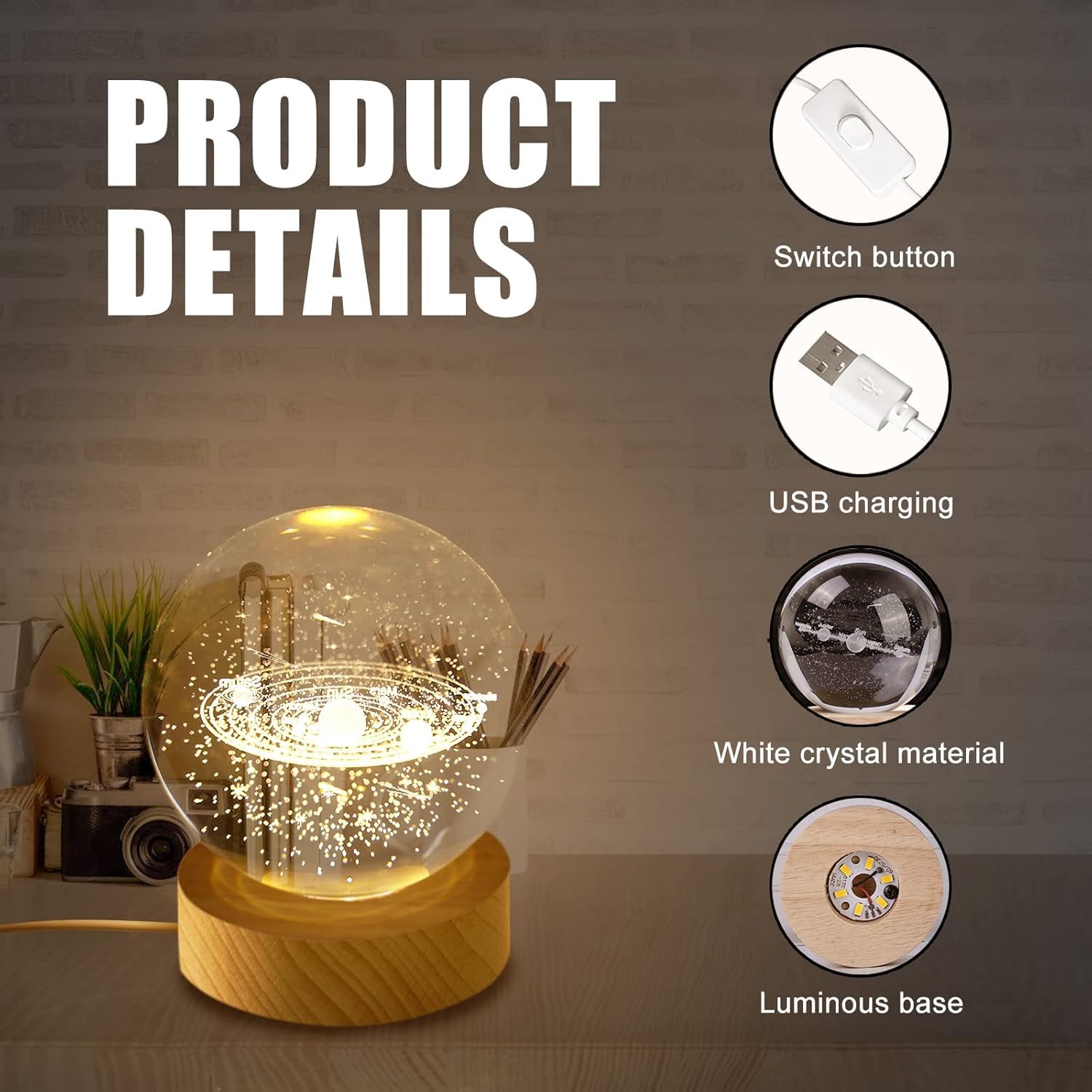 UCRAVO 3D Galaxy Crystal Ball with Wooden Base, 3D Crystal Ball Solar System, Planet Engraved Glass Ball Cosmic Model, Luminous Crystal Ball for Christmas Nightlight Astronomy Gifts for Kids Birthday